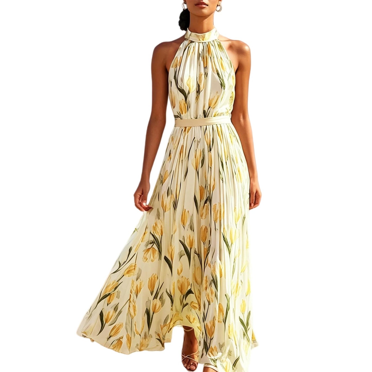 Halter Floral Print Chiffon Maxi Dress for Women Floral Wedding Guest Maxi Dress Formal Halter Chiffon Bridesmaid Dresses