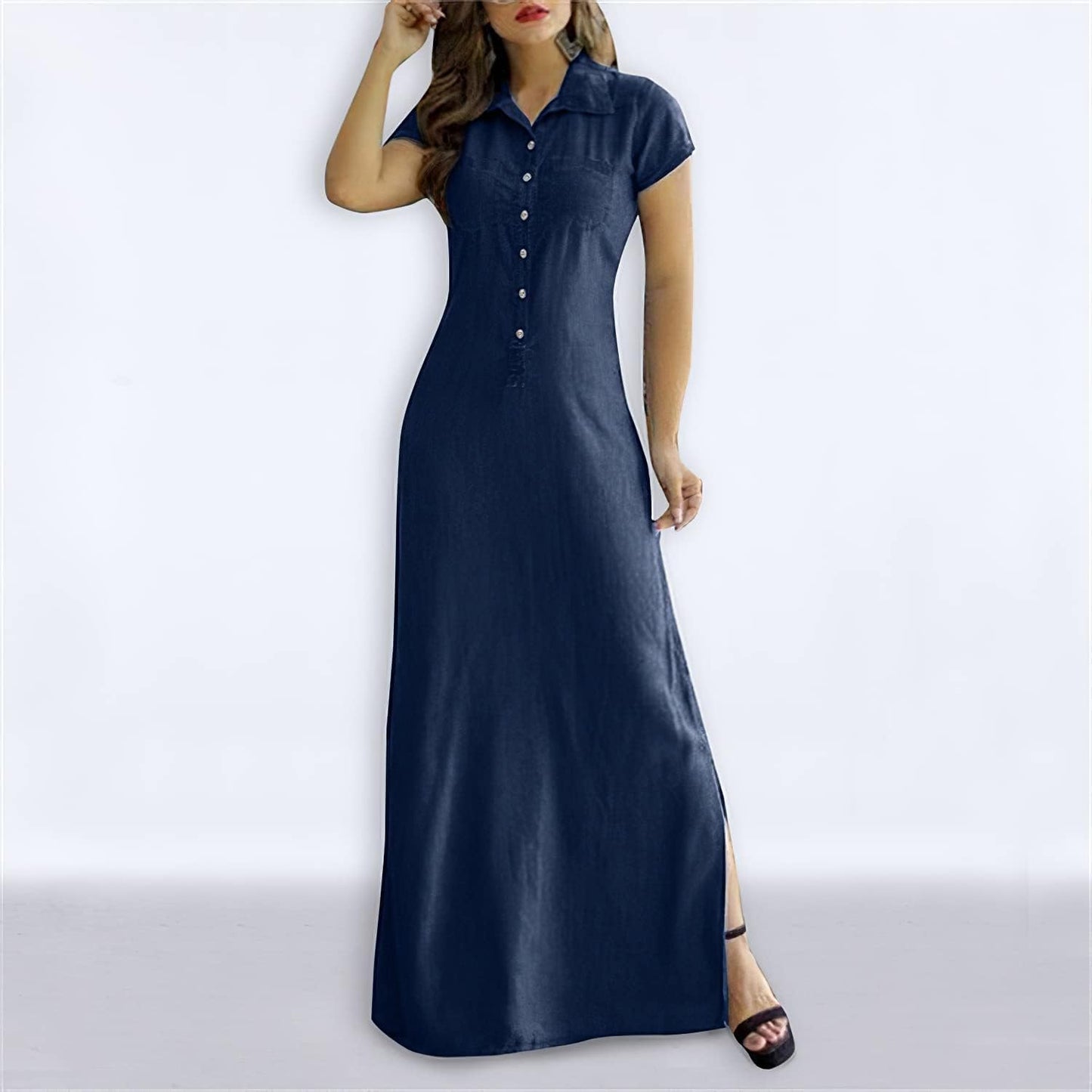 Summer Loose Hand Pocket Midi Long Tunic Denim Shirt Dress for Women Casual Button Front Maxi Shirt Dress