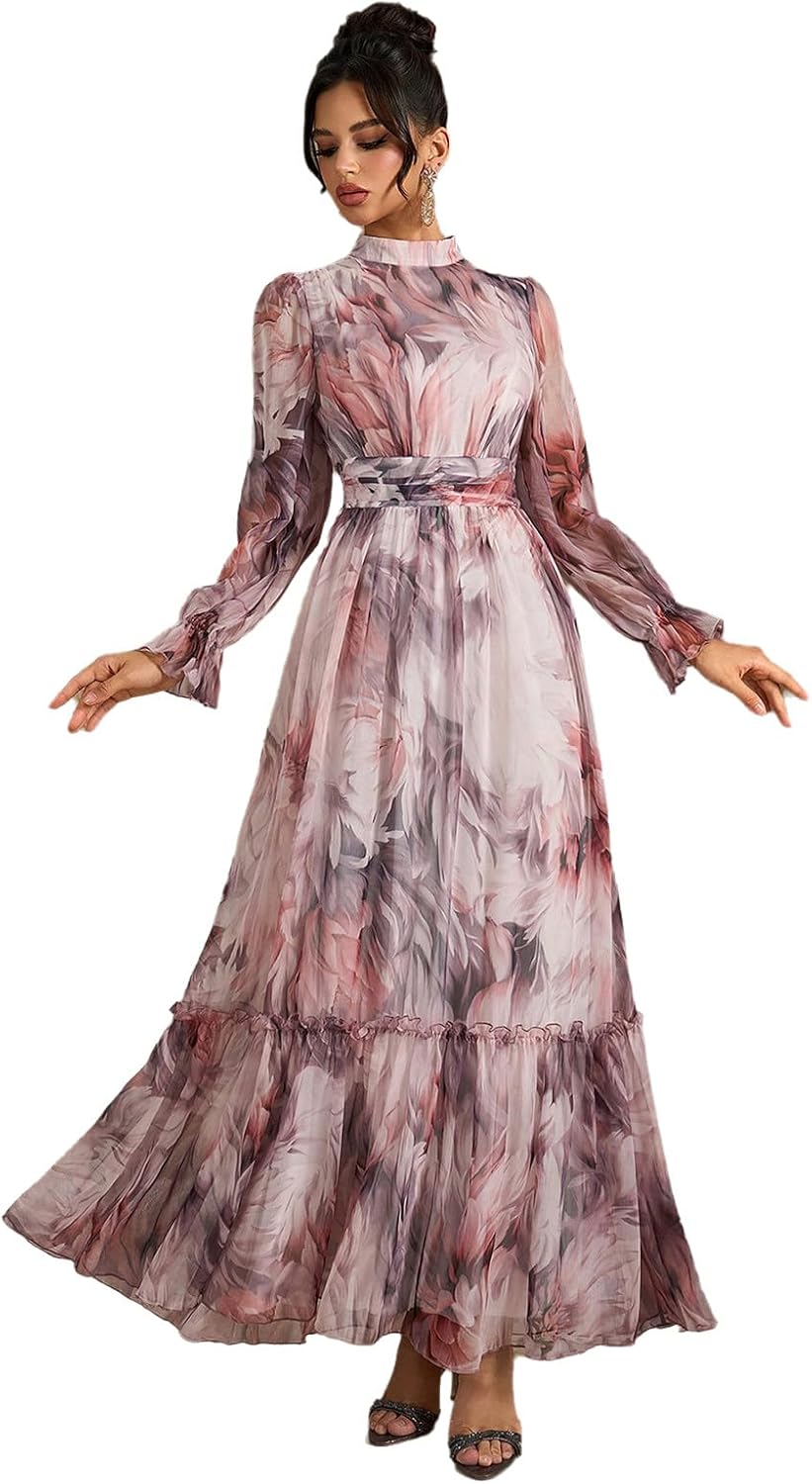TOLEEN Summer Casual Dresses for Women 2024 Spring Fashion Boho V Neck Long Sleeve Ruffle Floral Print Elegant Maxi Dress