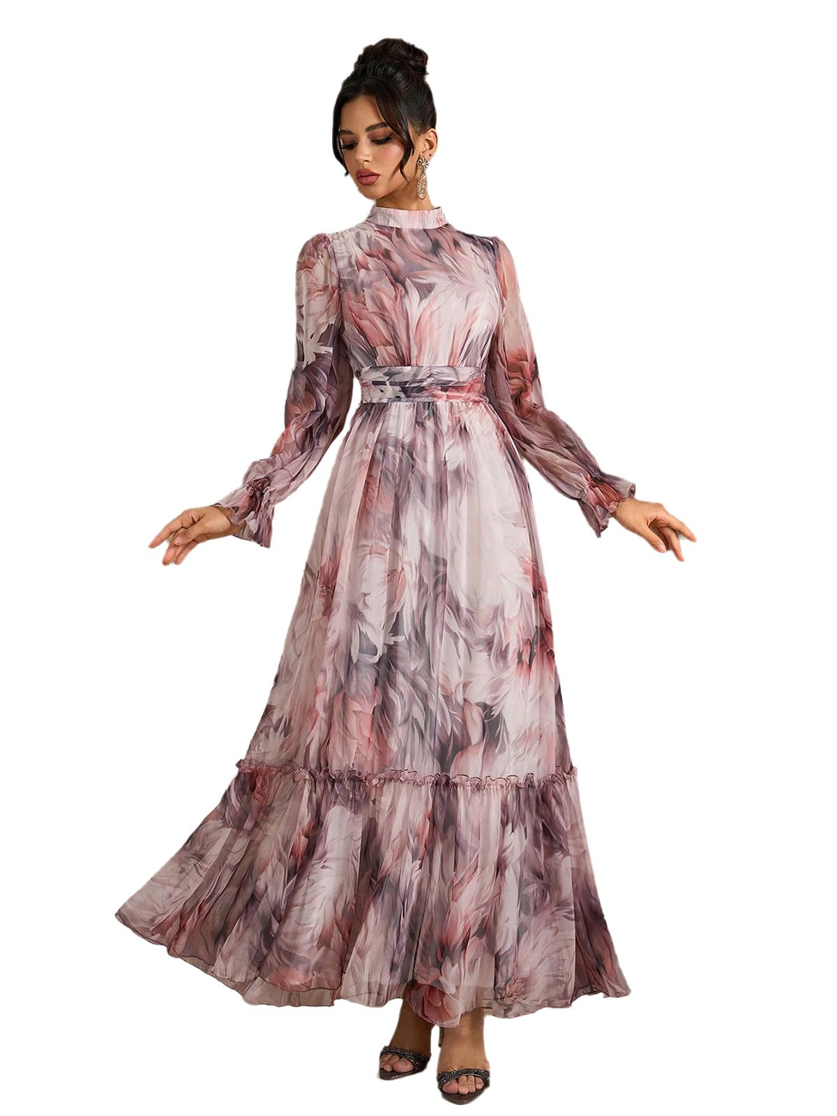 Womens Summer Dresses,Floral Patterns Vintage Elegant Cocktail Long Sleeve Boho Casual Maxi Wedding Guest Dresses for Women