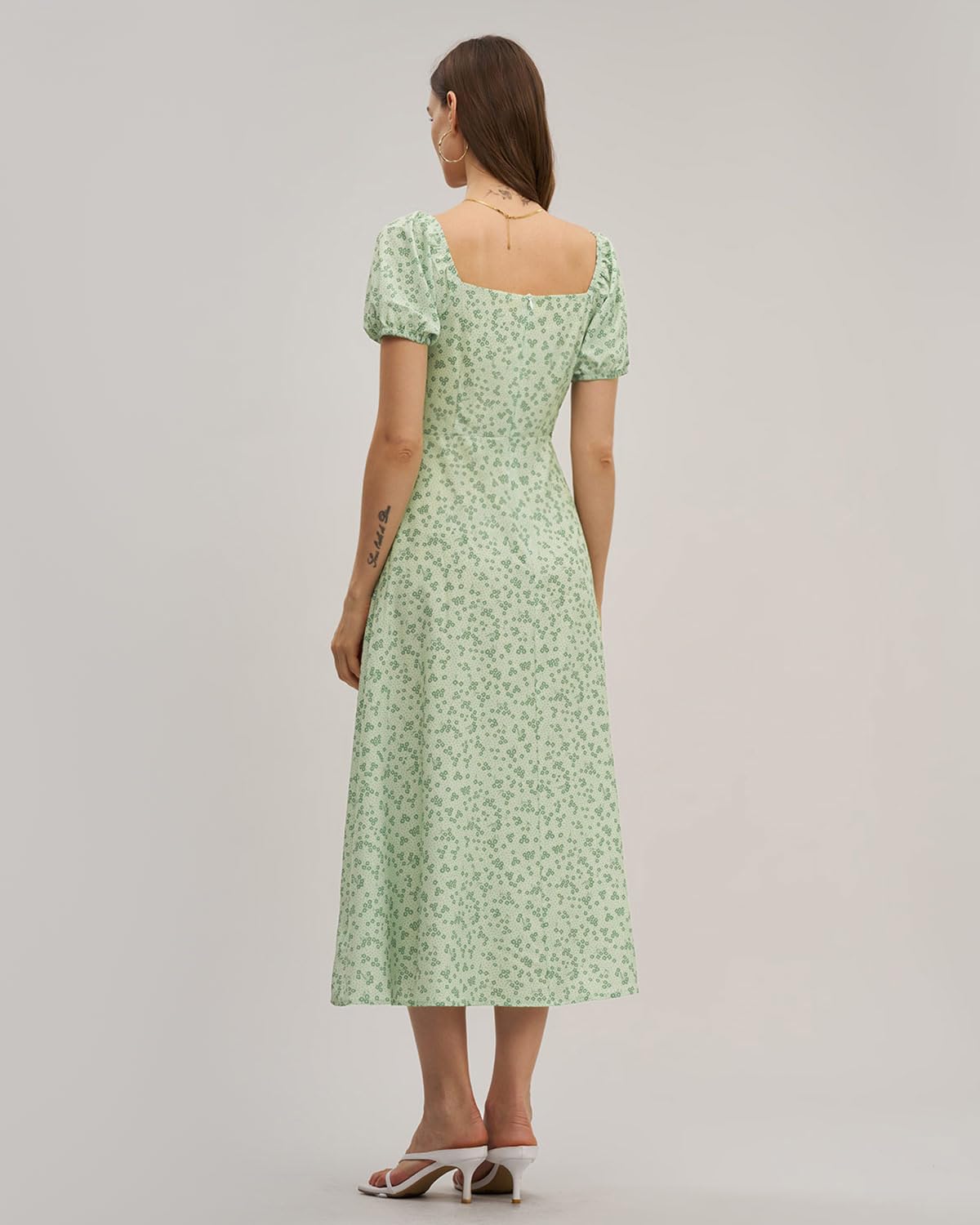 Women Summer Dresses Vintage Square Neck Adjustable Bust Floral Dress Short Puff A-Line Midi Dresses Sleeve