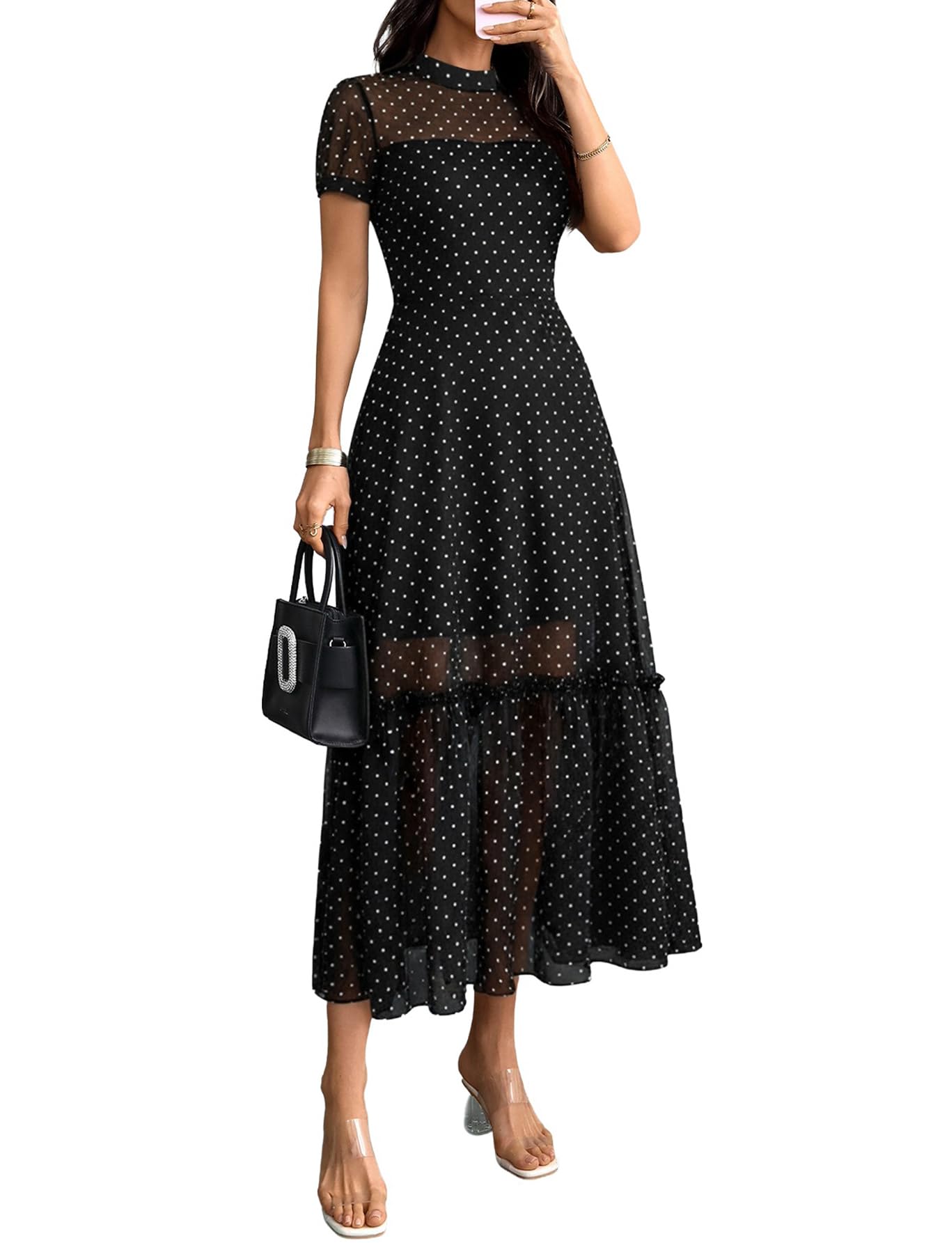 GothDark Women's Summer Floral Mesh Ruffle Dress Short Sleeve Round Neck Waist Cinched Casual Maxi Wedding Guest Dresses