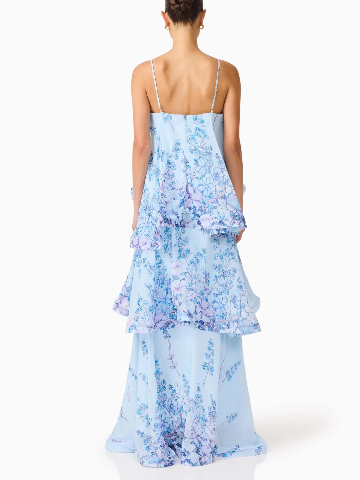 Women's Elegant Print Layered Ruffle Prom Dress Spaghetti Strap Backless Loose Chiffon Maxi Dress