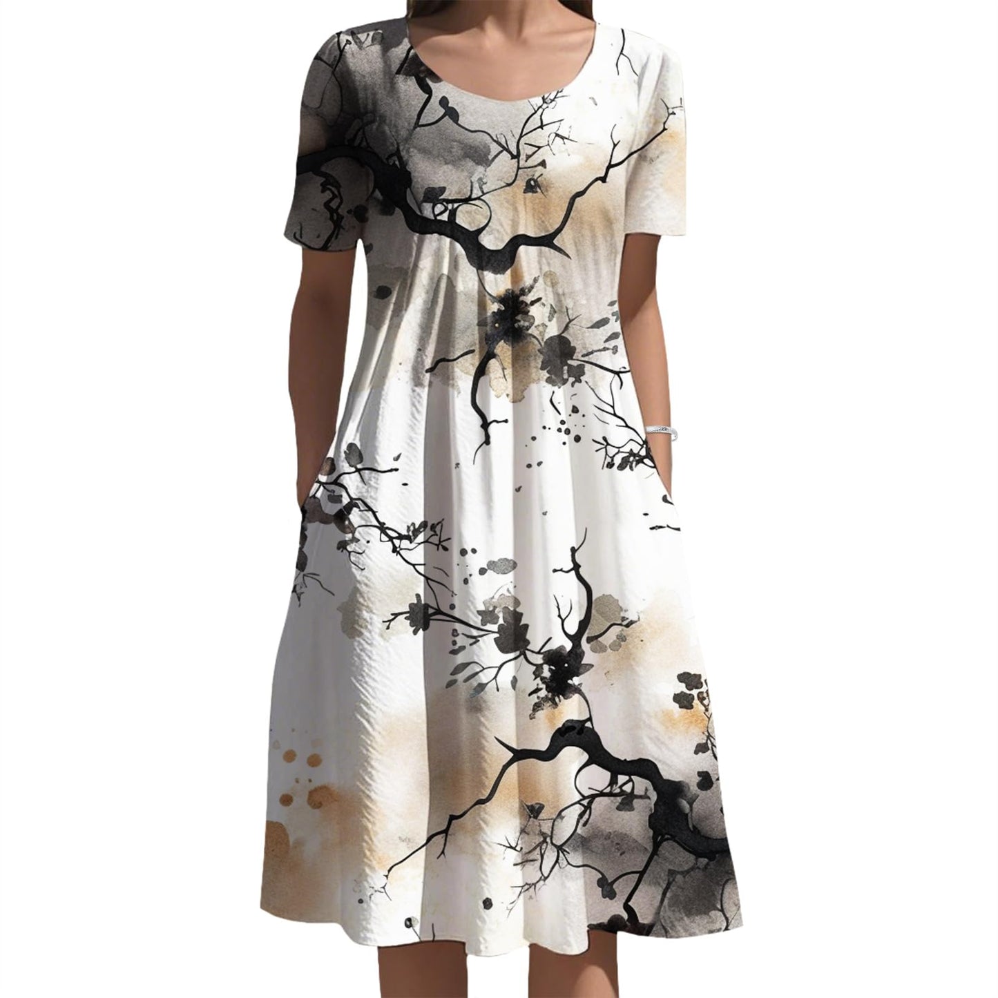 Oriental Ink Floral Midi Dress Gradient Tone for Women Elegant Daily Vacation Outfit with Side Pockets and Style