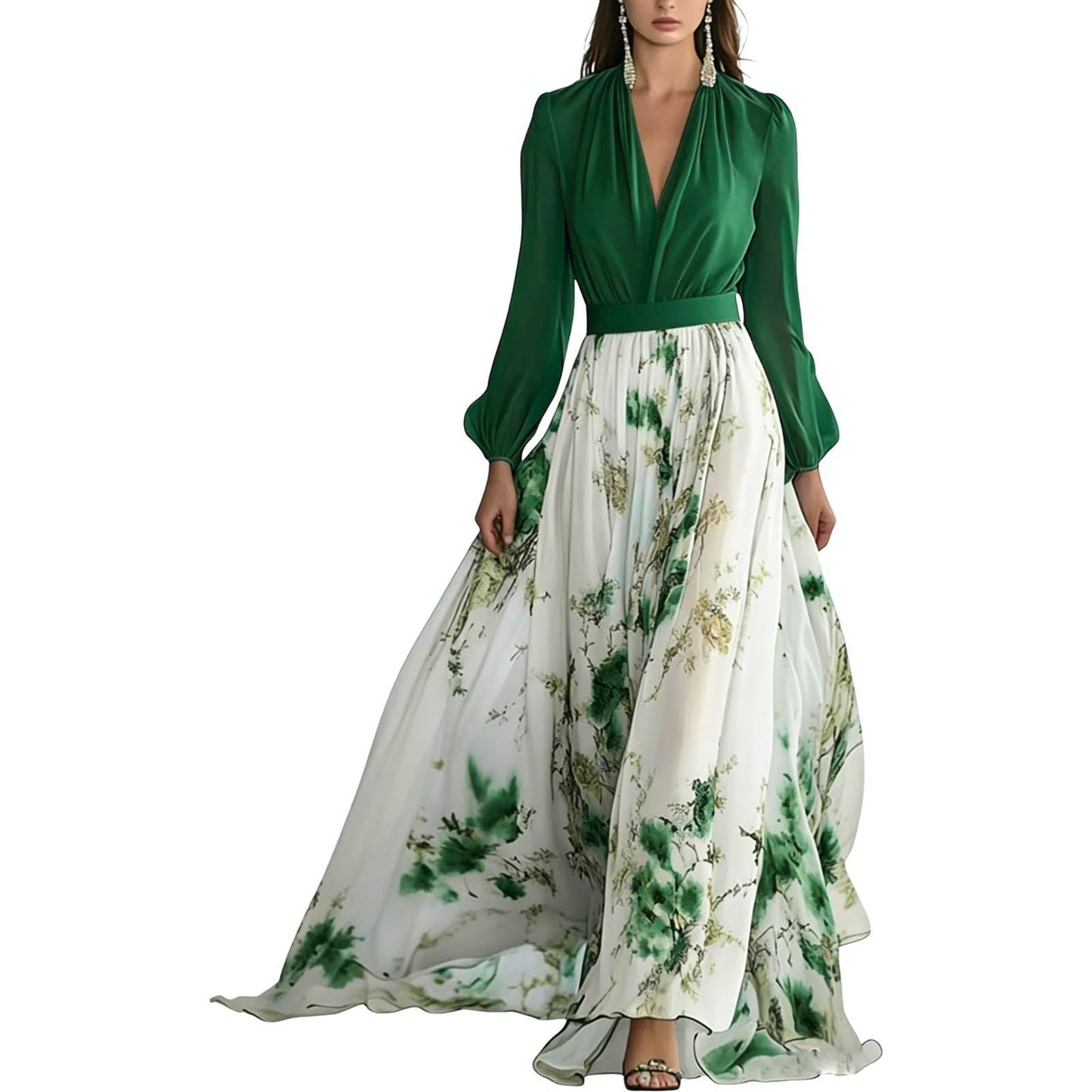 Women's Boho Floral Chiffon Maxi Dresses 2026 Summer Casual Long Sheer Sleeve Deep V Neck A-Line Beach Vacation Dress