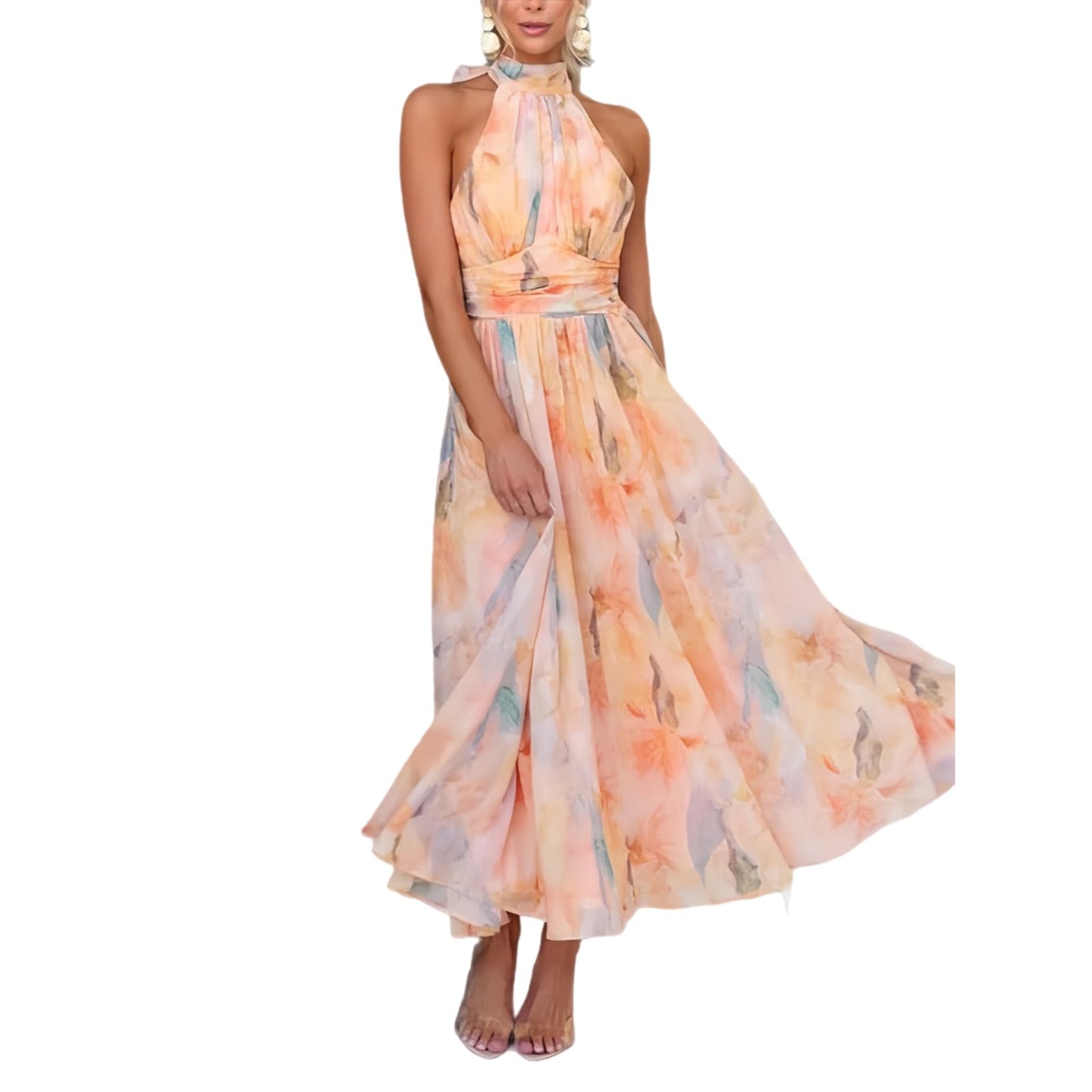 Halter Floral Print Chiffon Maxi Dress for Women Floral Wedding Guest Maxi Dress Formal Halter Chiffon Bridesmaid Dresses