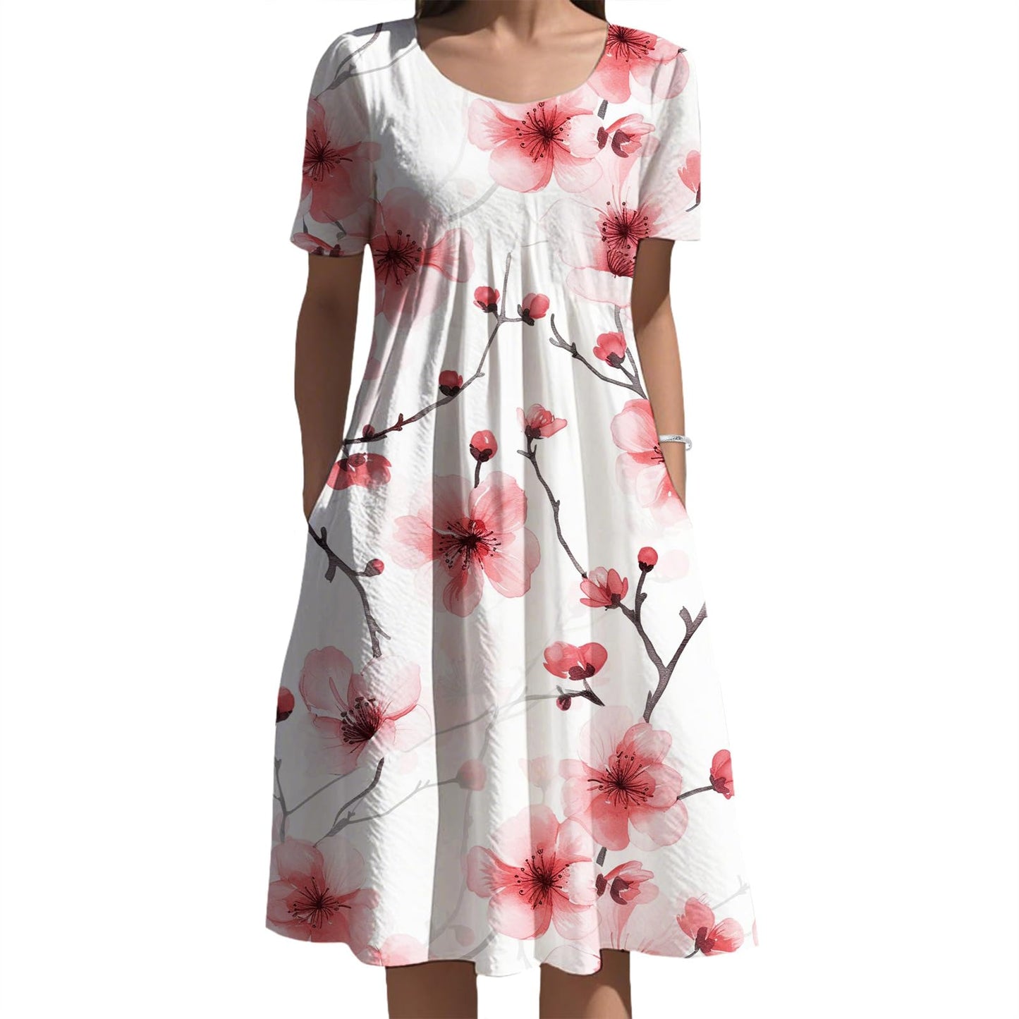 Oriental Ink Floral Midi Dress Gradient Tone for Women Elegant Daily Vacation Outfit with Side Pockets and Style