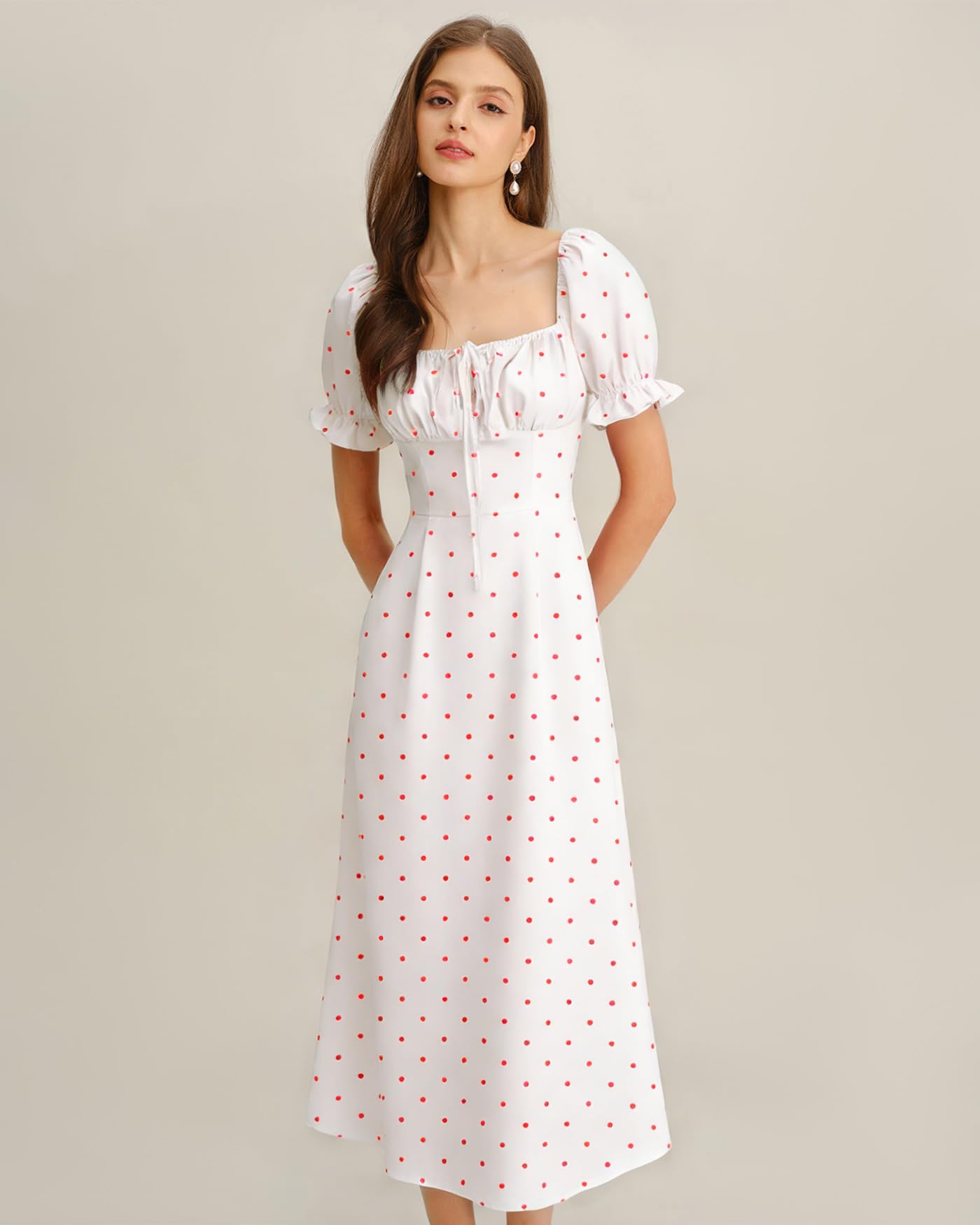 Women Summer Dresses Vintage Square Neck Adjustable Bust Floral Dress Short Puff A-Line Midi Dresses Sleeve