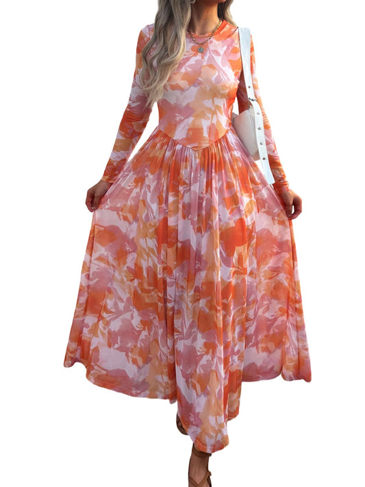 Women's Maxi Dress 2026 Spring Long Sleeve Crewneck Mesh Floral Dress Drop Waist Party Wedding Guest Dresses