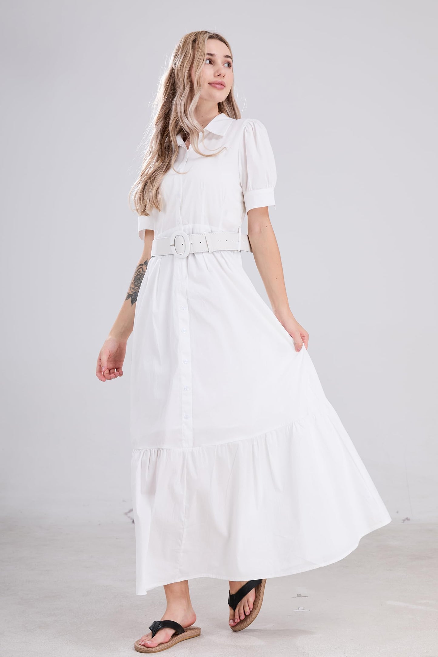 utcoco Womens Striped Button Down Shirt Dress Casual Puff Short Sleeve Ruffle Hem Maxi Dresses with Belt