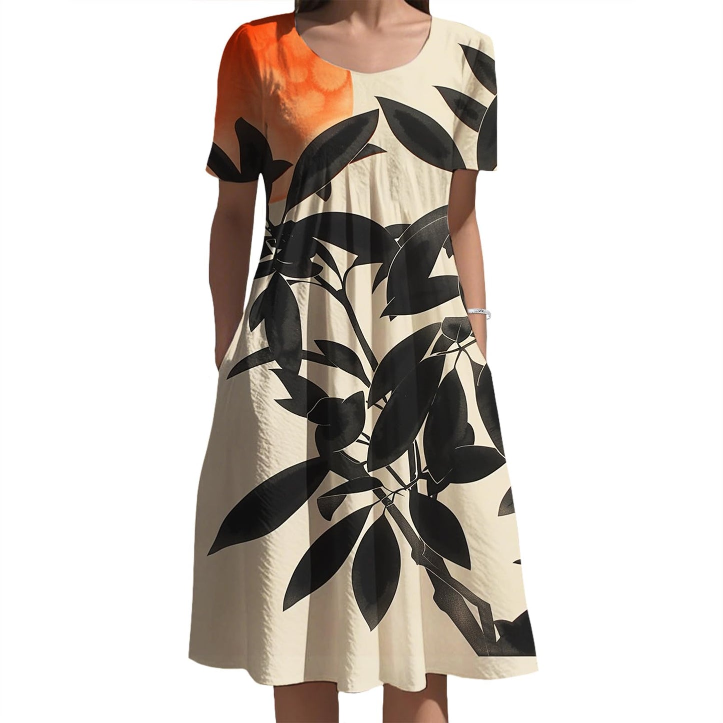 Oriental Ink Floral Midi Dress Gradient Tone for Women Elegant Daily Vacation Outfit with Side Pockets and Style