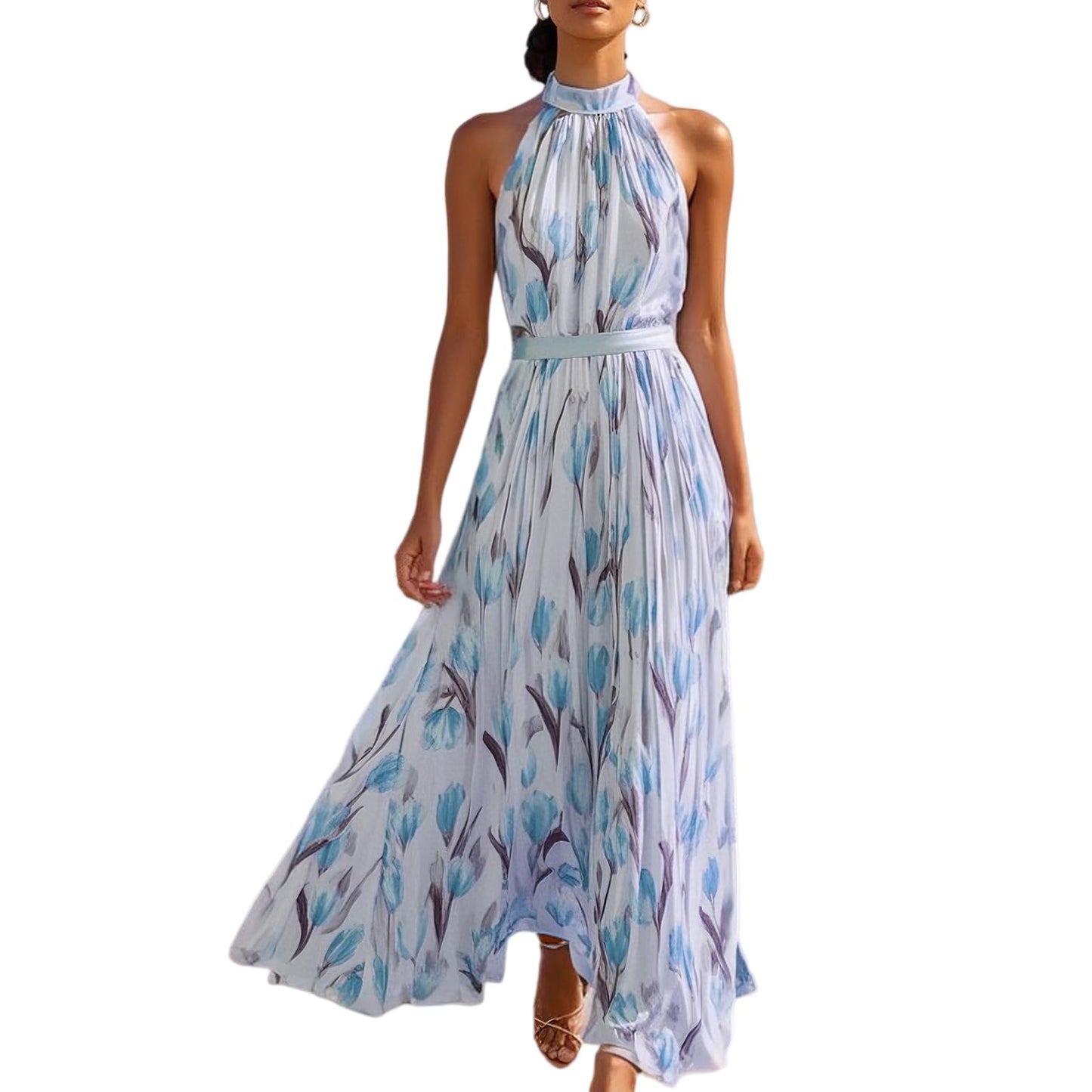 Halter Floral Print Chiffon Maxi Dress for Women Floral Wedding Guest Maxi Dress Formal Halter Chiffon Bridesmaid Dresses