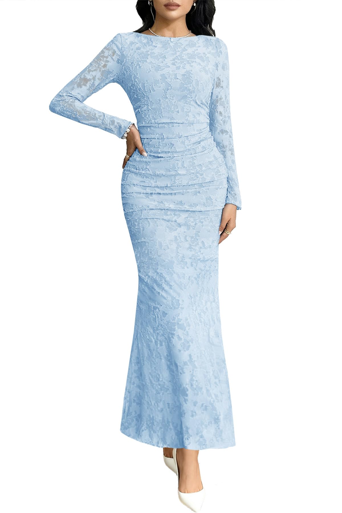MITILLY Women's Formal Long Sleeve Dress Fall Elegant Floral Bodycon Ruched Cocktail Party Maxi Dresses New