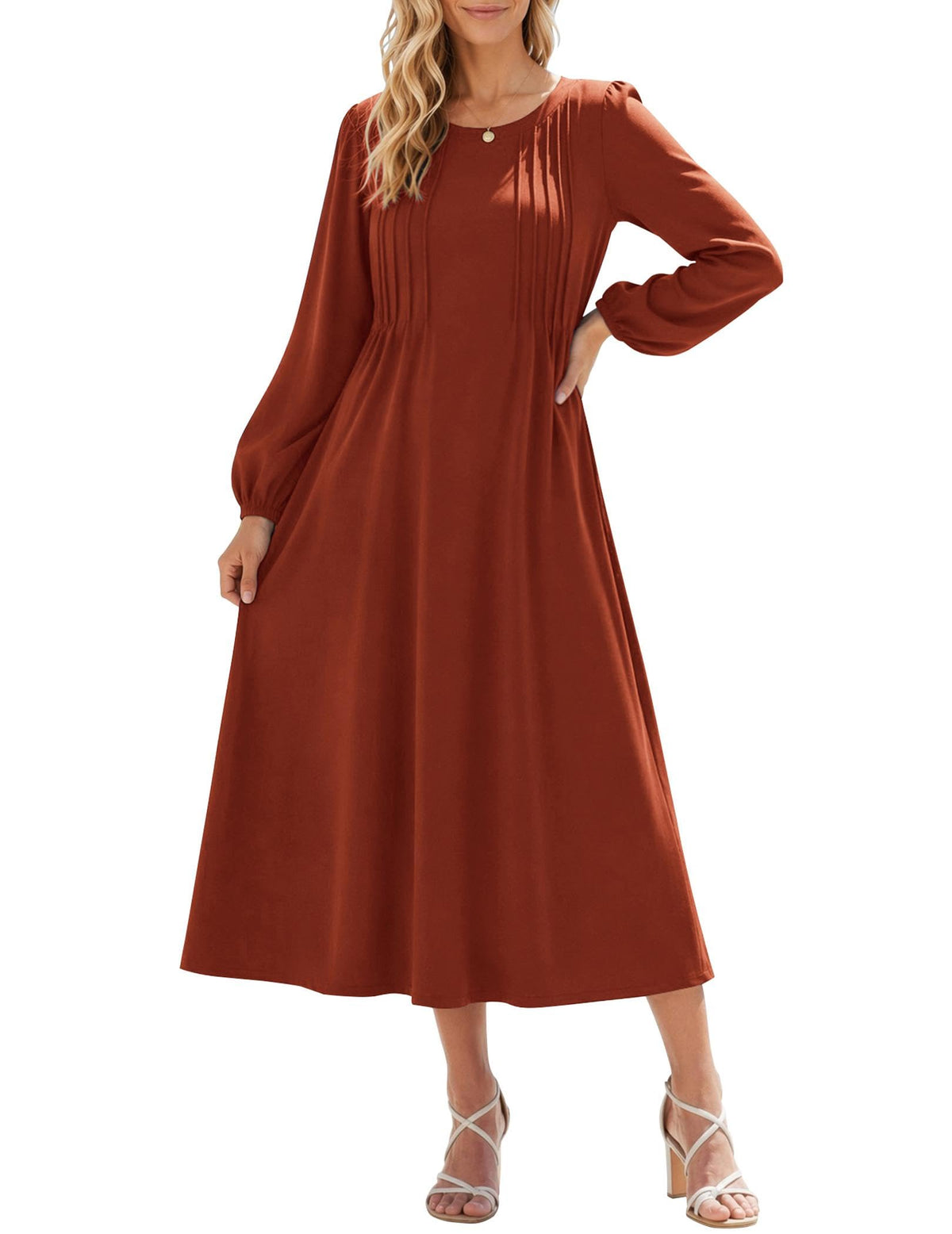 Zeagoo Fall Dresses for Women Long Sleeve Midi Dress Casual A Line Dresses 2026 Pleated Flare Dress with Pockets