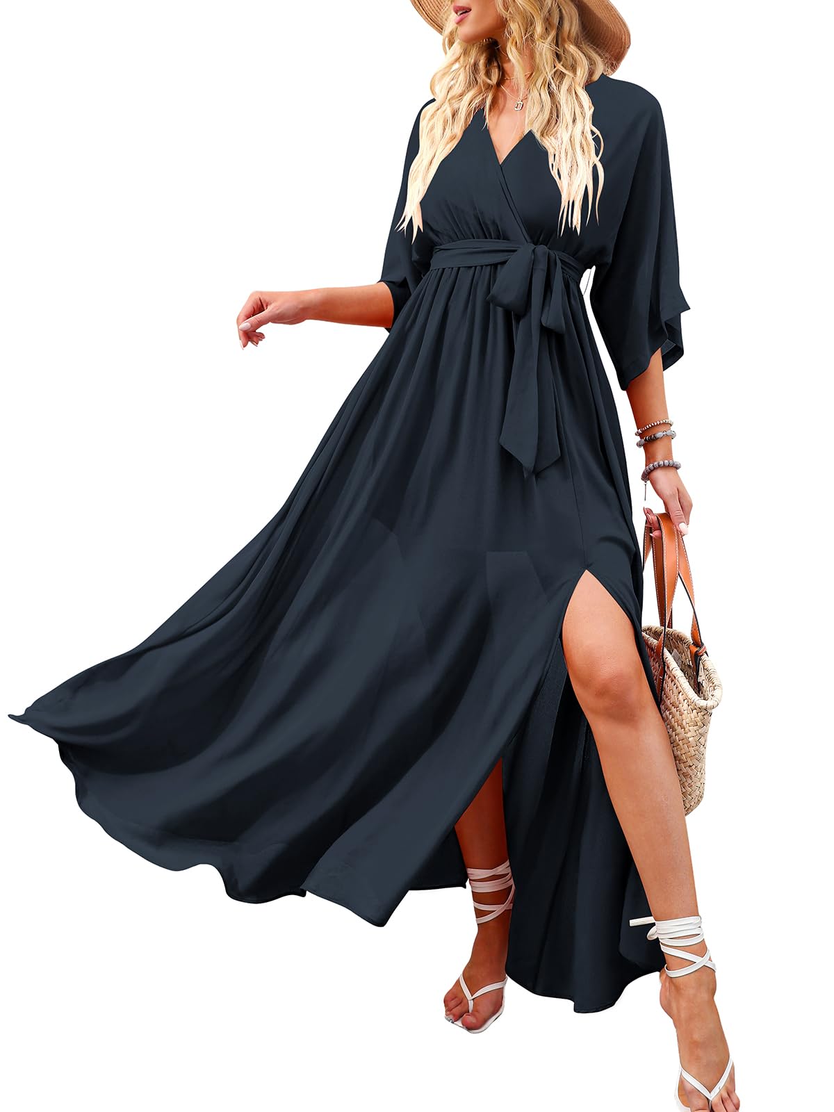 ANRABESS Womens 1/2 Sleeve Beach Wedding Guest Maxi Dresses 2026 Summer Wrap V Neck Boho Floral Flowy Slit Long Dresses