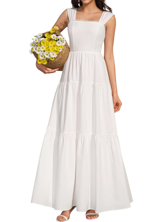 KUTUMAI Floral Maxi Long Dress Lace Up Square Neck Flowy Summer Wedding Guest Dresses for Women 2026