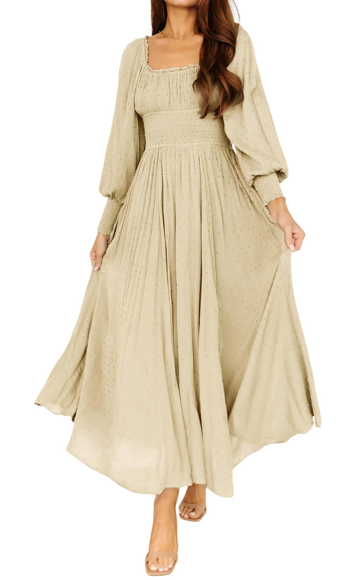 R.Vivimos Women's Puff Long Sleeve Maxi Dress Square Neck Elastic Empire Waist Swiss Dots Casual Flowy A-Line Long Dresses