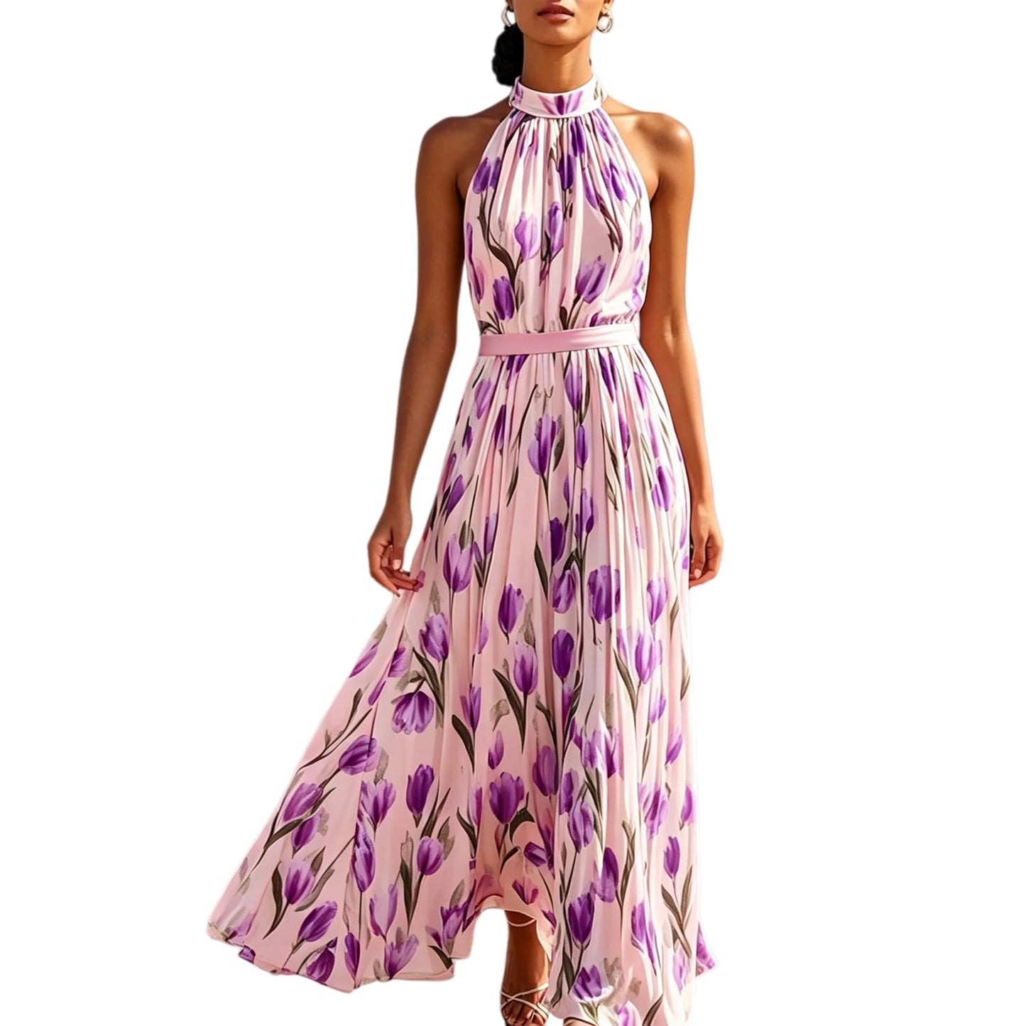 Halter Floral Print Chiffon Maxi Dress for Women Floral Wedding Guest Maxi Dress Formal Halter Chiffon Bridesmaid Dresses
