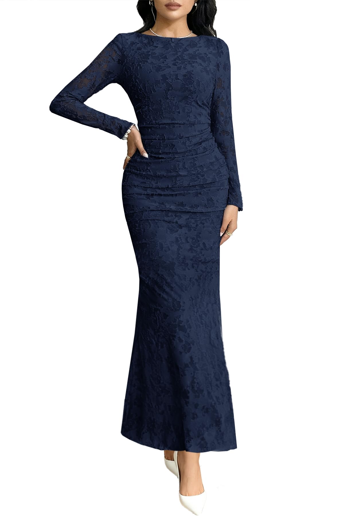 MITILLY Women's Formal Long Sleeve Dress Fall Elegant Floral Bodycon Ruched Cocktail Party Maxi Dresses New