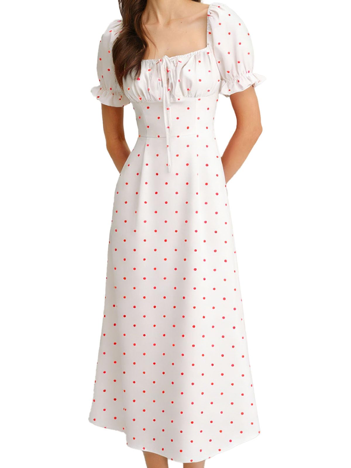 Women Summer Dresses Vintage Square Neck Adjustable Bust Floral Dress Short Puff A-Line Midi Dresses Sleeve