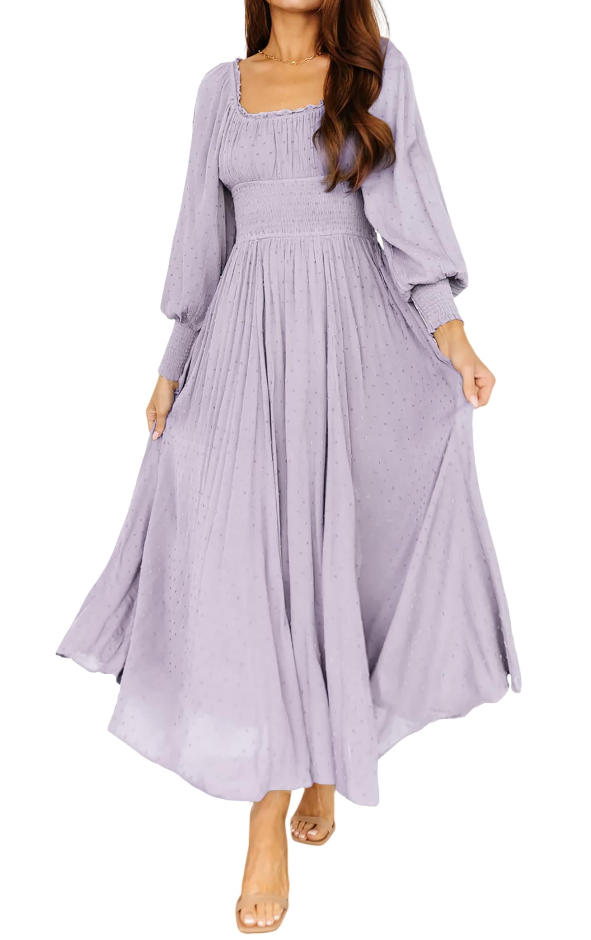 R.Vivimos Women's Puff Long Sleeve Maxi Dress Square Neck Elastic Empire Waist Swiss Dots Casual Flowy A-Line Long Dresses