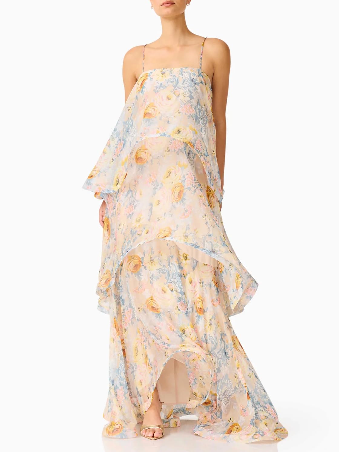 Women's Elegant Print Layered Ruffle Prom Dress Spaghetti Strap Backless Loose Chiffon Maxi Dress