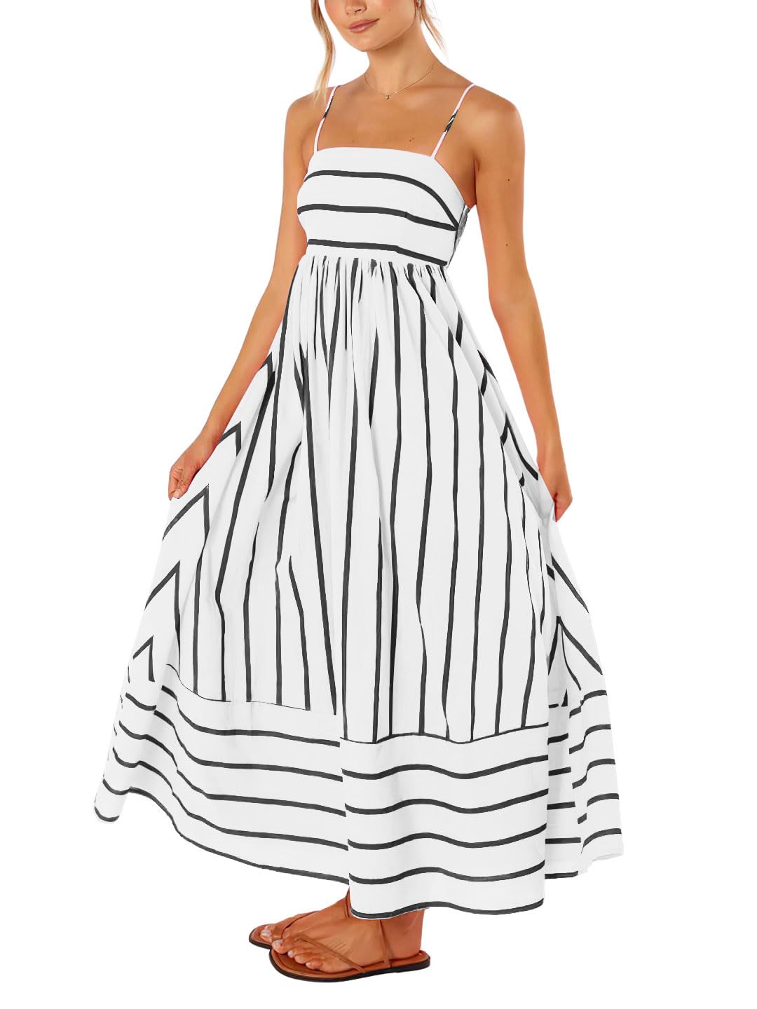 chouyatou Women's Striped Back Smocked Maxi Dress Sexy Spaghetti Strap Cut Out Flowy Swing Long Dress