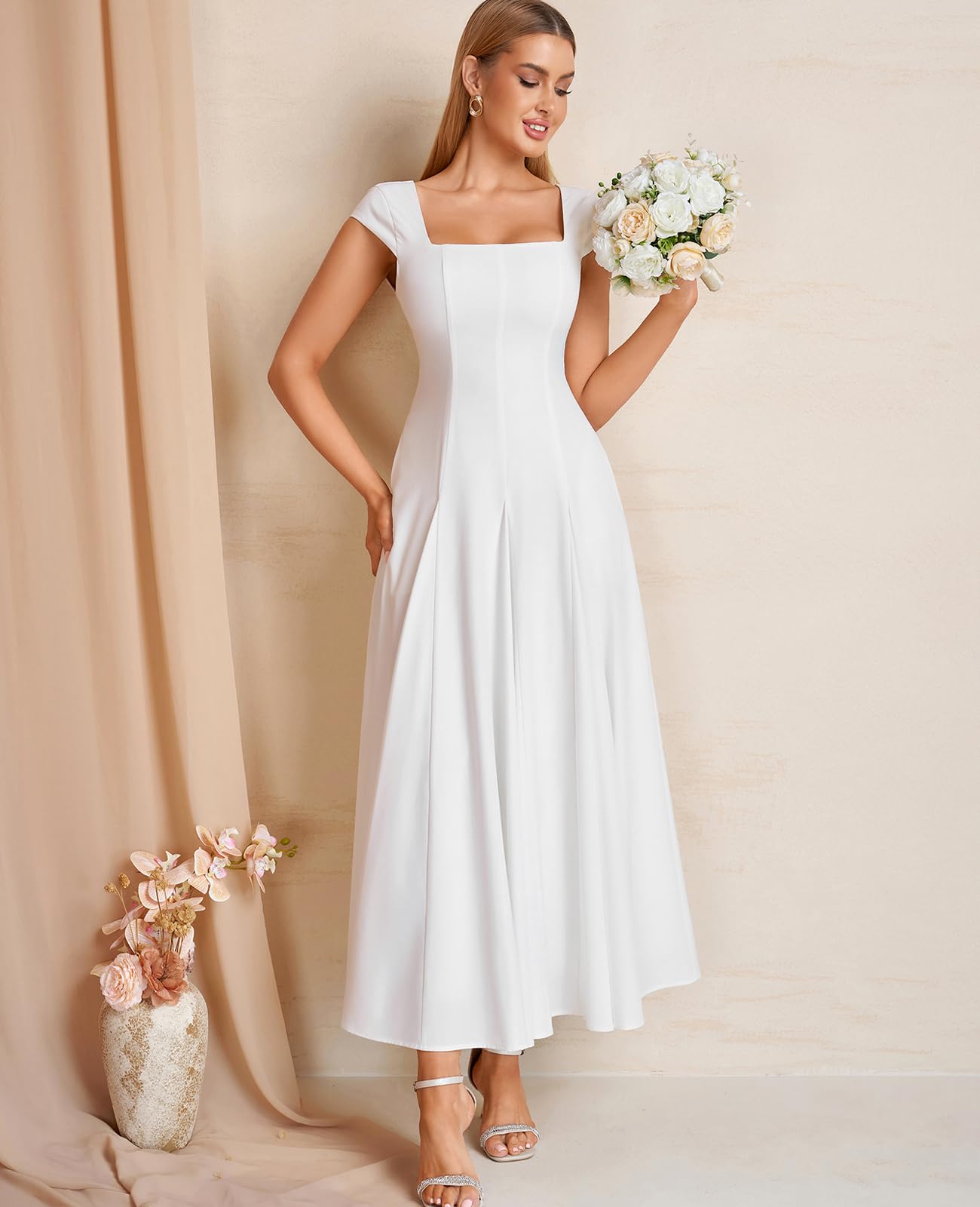 GLNEGE Women’s Corset Wedding Guest Maxi Dress Cap Sleeve Square Neck Lace Up A Line Flowy Formal Midi Dress with Pockets