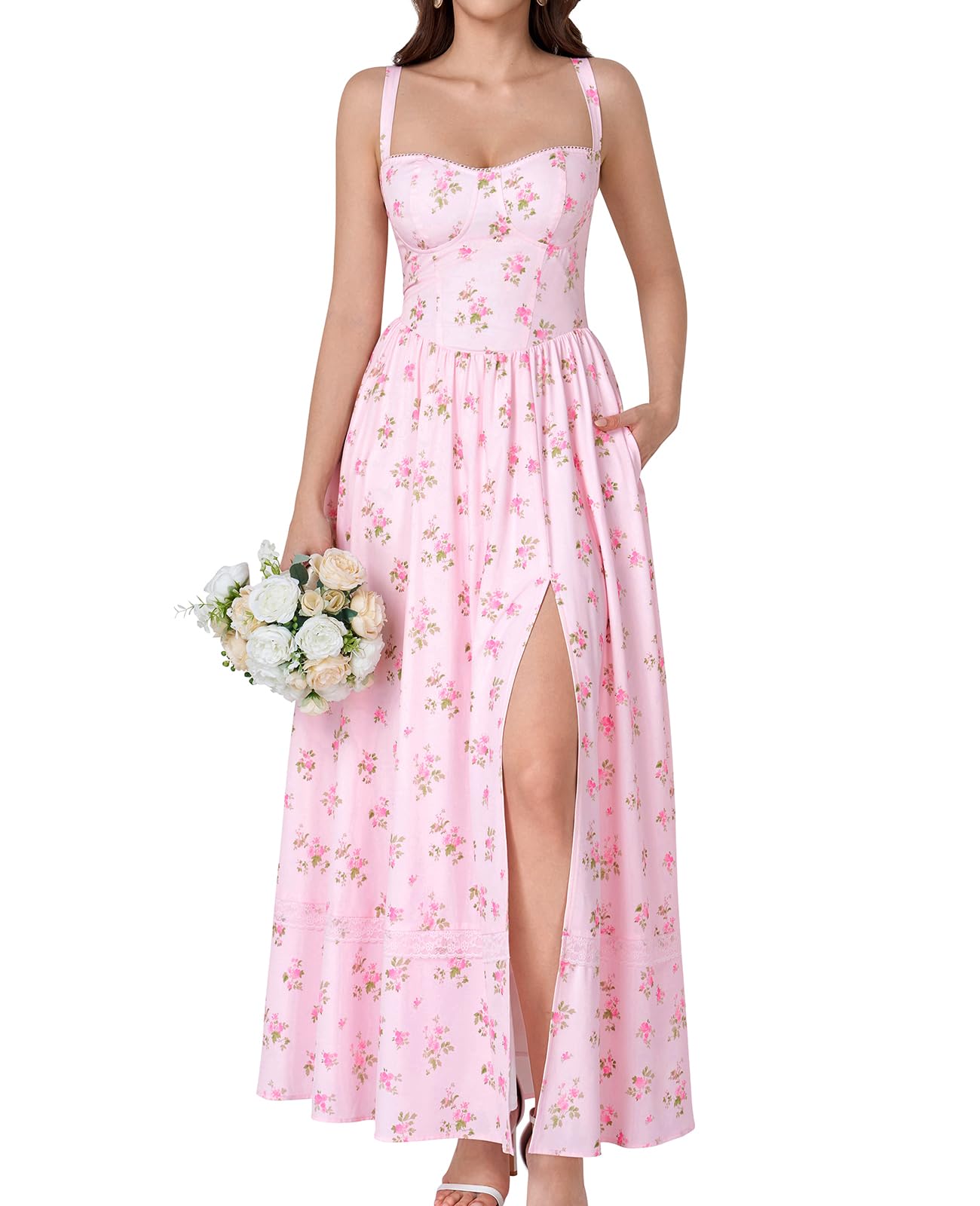 GLNEGE Floral Corset Wedding Guest Maxi Dress Summer Spring Flowy A Line Slit Tea Party Sundress for Women with Pockets