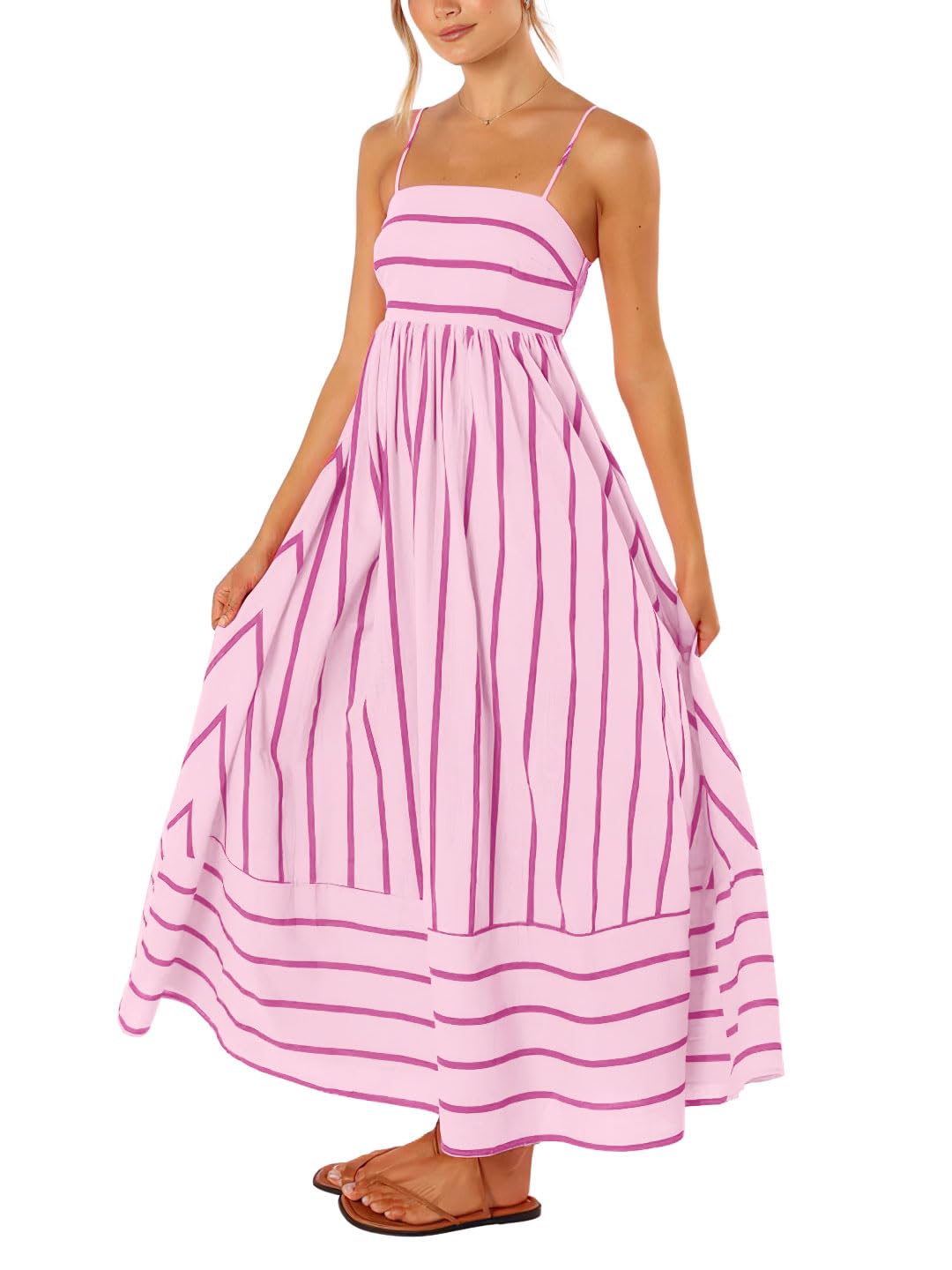 chouyatou Women's Striped Back Smocked Maxi Dress Sexy Spaghetti Strap Cut Out Flowy Swing Long Dress
