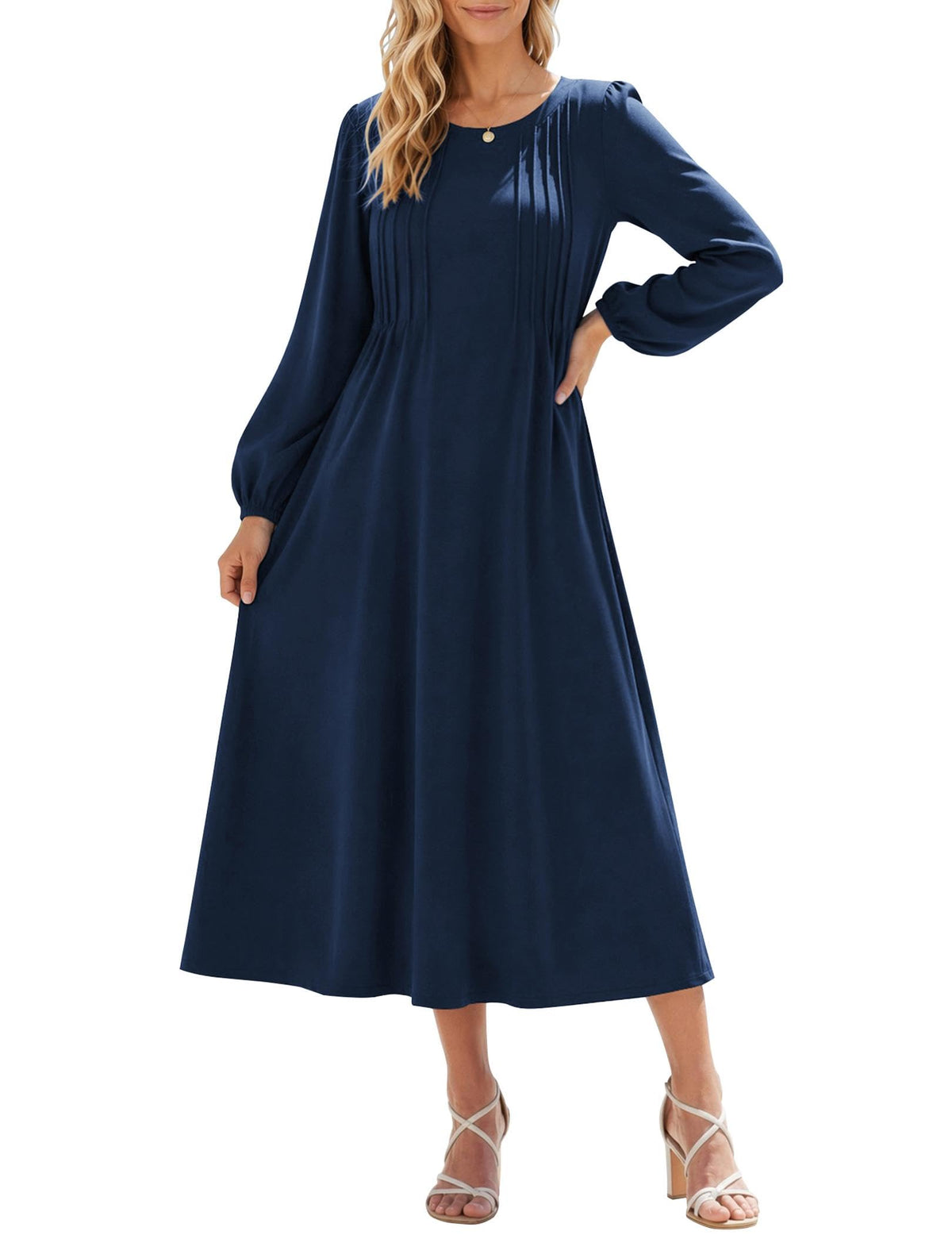 Zeagoo Fall Dresses for Women Long Sleeve Midi Dress Casual A Line Dresses 2026 Pleated Flare Dress with Pockets