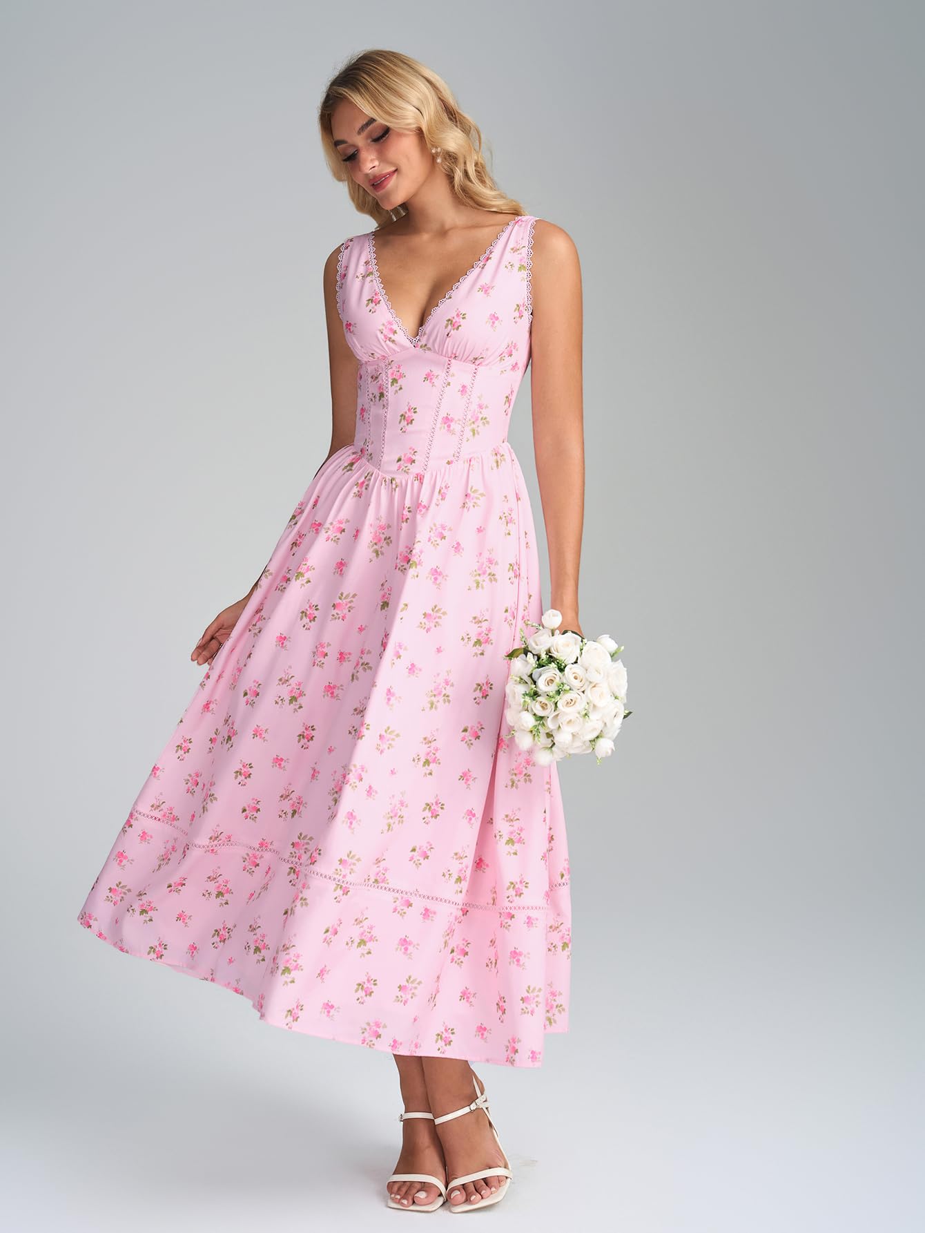 KUTUMAI Floral Corset Midi Dresses for Women 2026 Summer Spring V Neck Lace Up Flowy Wedding Guest Dress