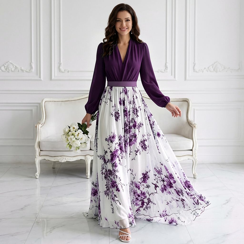 Women's Boho Floral Chiffon Maxi Dresses 2026 Summer Casual Long Sheer Sleeve Deep V Neck A-Line Beach Vacation Dress