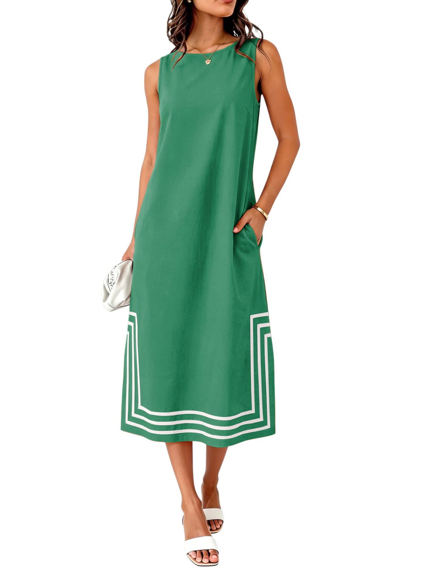 Womens Boho Linen Maxi Dress Sleeveless Split Sundress Color Block A-Line Coverups Beach Vacation Dress with Pockets