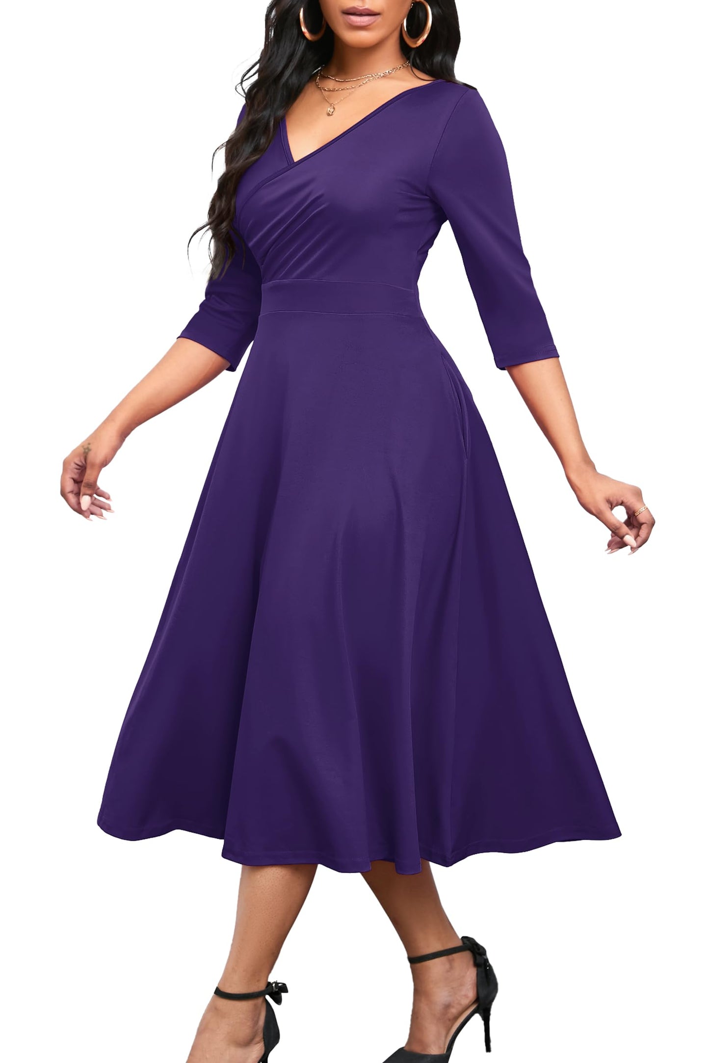 Nmoder Women's Casual Wrap Flared Midi Dress Wedding Guest Cocktail Tea Dresses A-Line Swing V-Neck 3/4 Sleeve