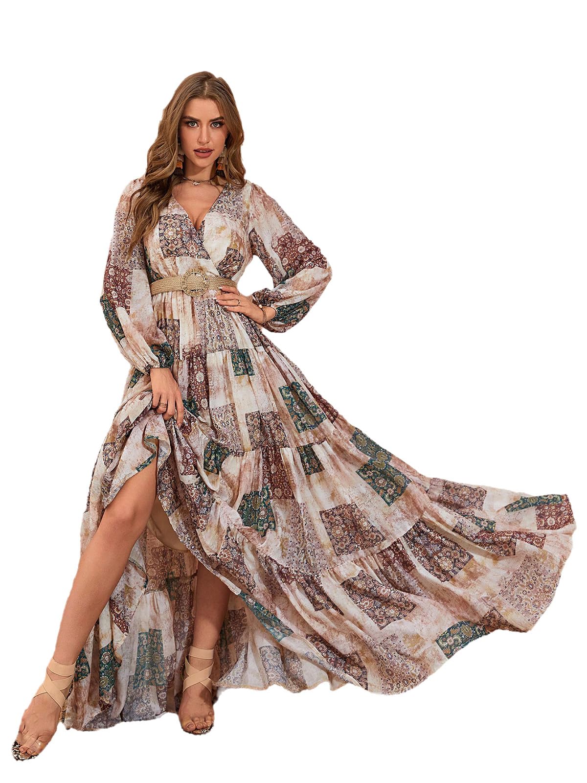 TOLEEN Summer Casual Dresses for Women 2024 Spring Fashion Boho V Neck Long Sleeve Ruffle Floral Print Elegant Maxi Dress