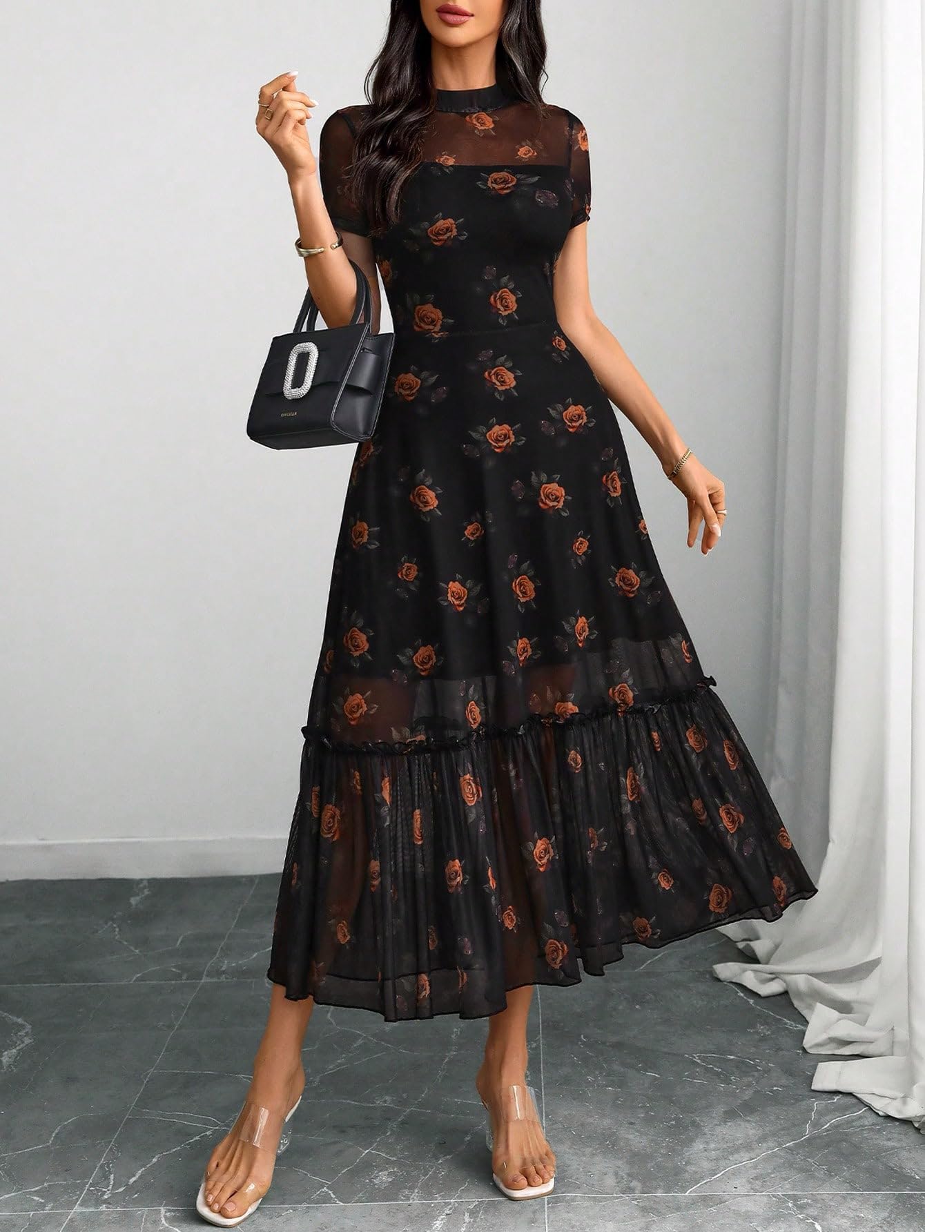 GothDark Women's Summer Floral Mesh Ruffle Dress Short Sleeve Round Neck Waist Cinched Casual Maxi Wedding Guest Dresses