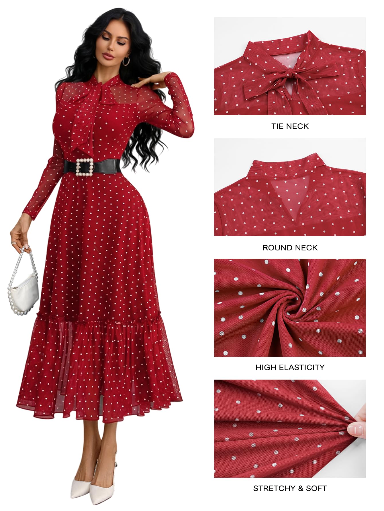 GothDark Polka Dot Dress for Women Mesh Tie Neck Bow Sheer Sleeve Flowy Ruffle Hem Going Out Wedding Guest Casual Dress