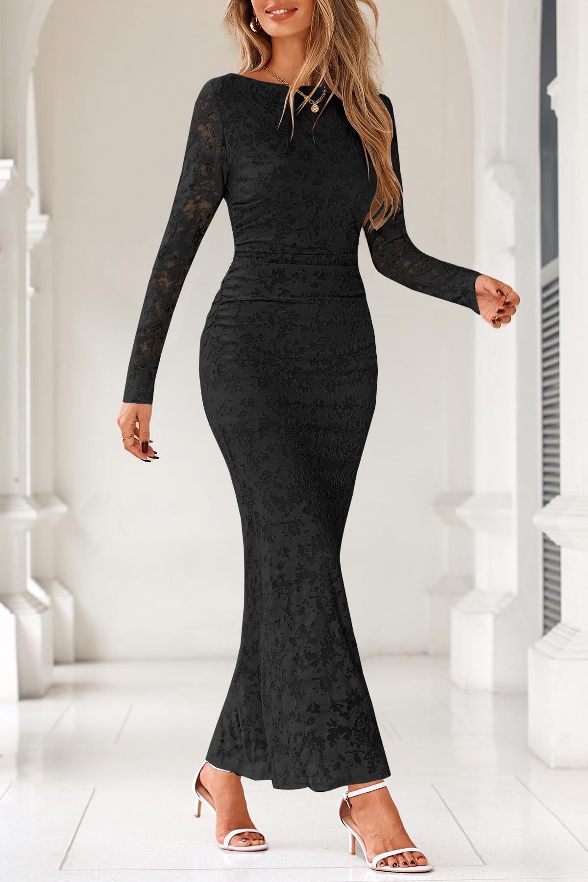 MITILLY Women's Formal Long Sleeve Dress Fall Elegant Floral Bodycon Ruched Cocktail Party Maxi Dresses New
