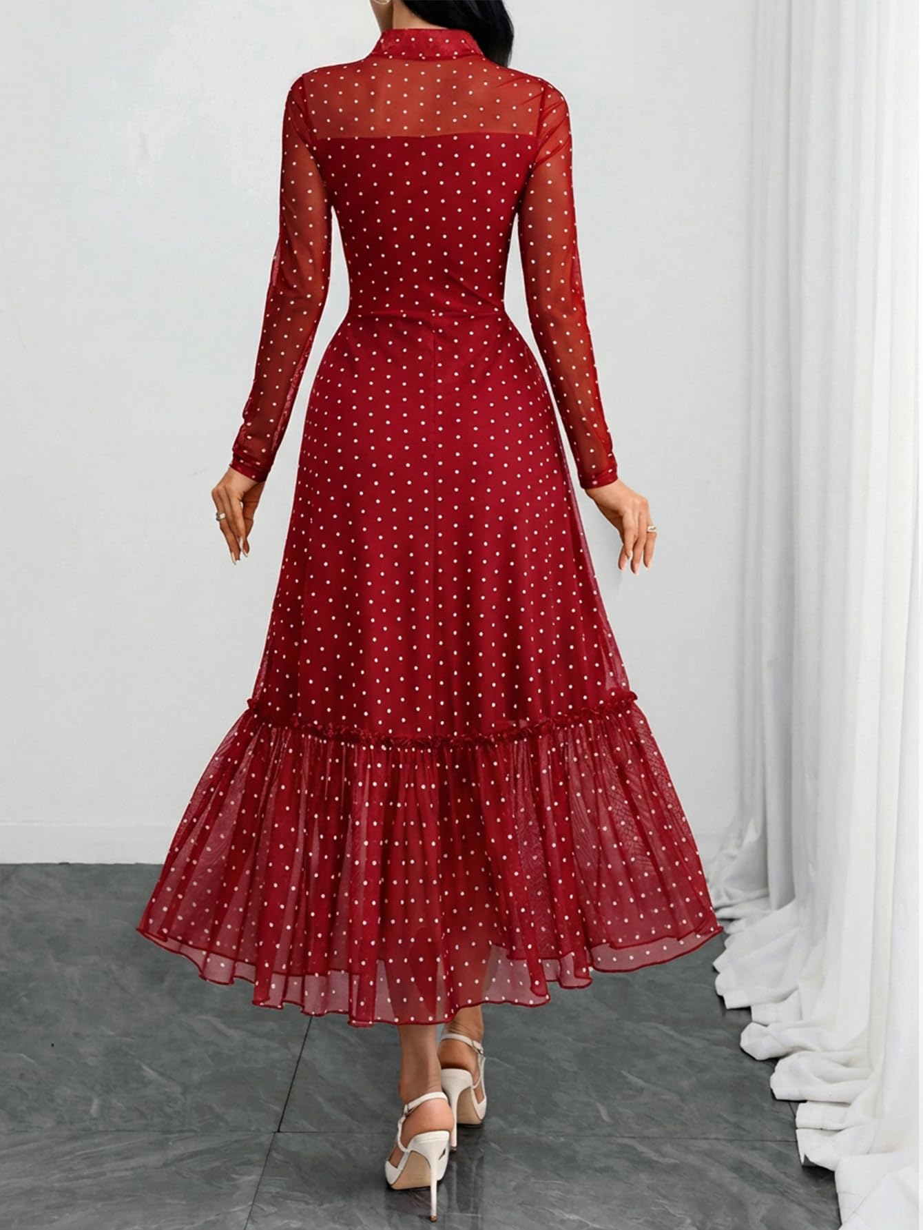 GothDark Polka Dot Dress for Women Mesh Tie Neck Bow Sheer Sleeve Flowy Ruffle Hem Going Out Wedding Guest Casual Dress