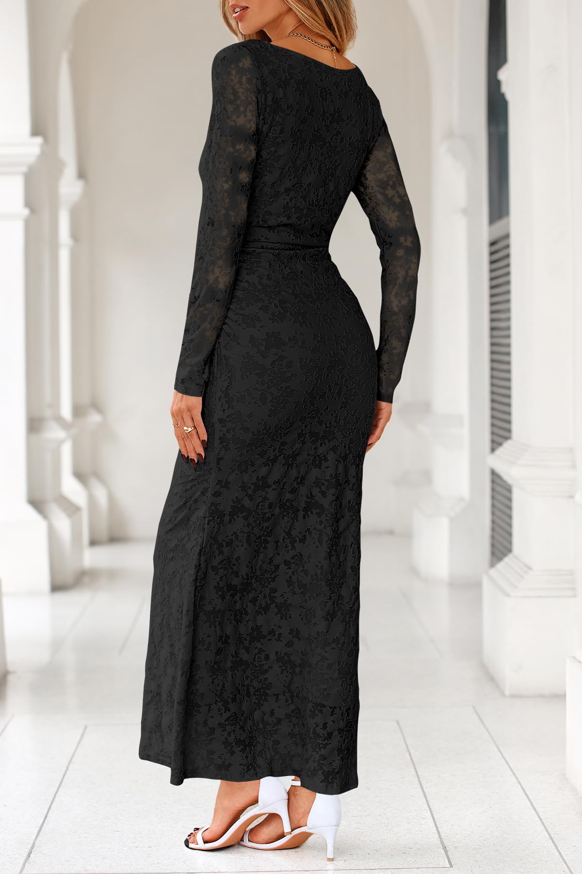 MITILLY Women's Formal Long Sleeve Dress Fall Elegant Floral Bodycon Ruched Cocktail Party Maxi Dresses New