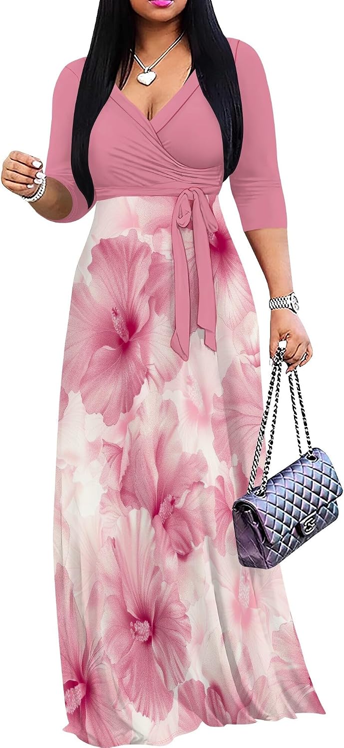 SUZONANA Plus Size Dresses for Women Floral Print Maxi Dress Flowy 3/4 Sleeve with Belt