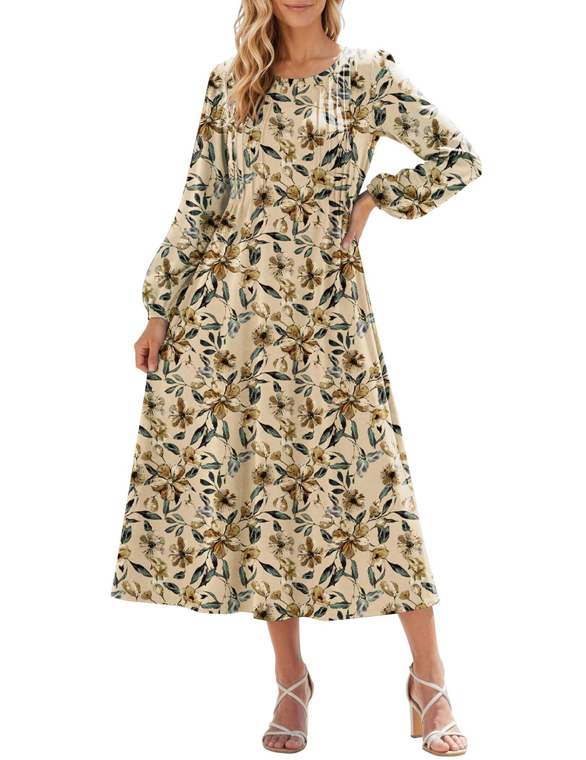 Zeagoo Fall Dresses for Women Long Sleeve Midi Dress Casual A Line Dresses 2026 Pleated Flare Dress with Pockets
