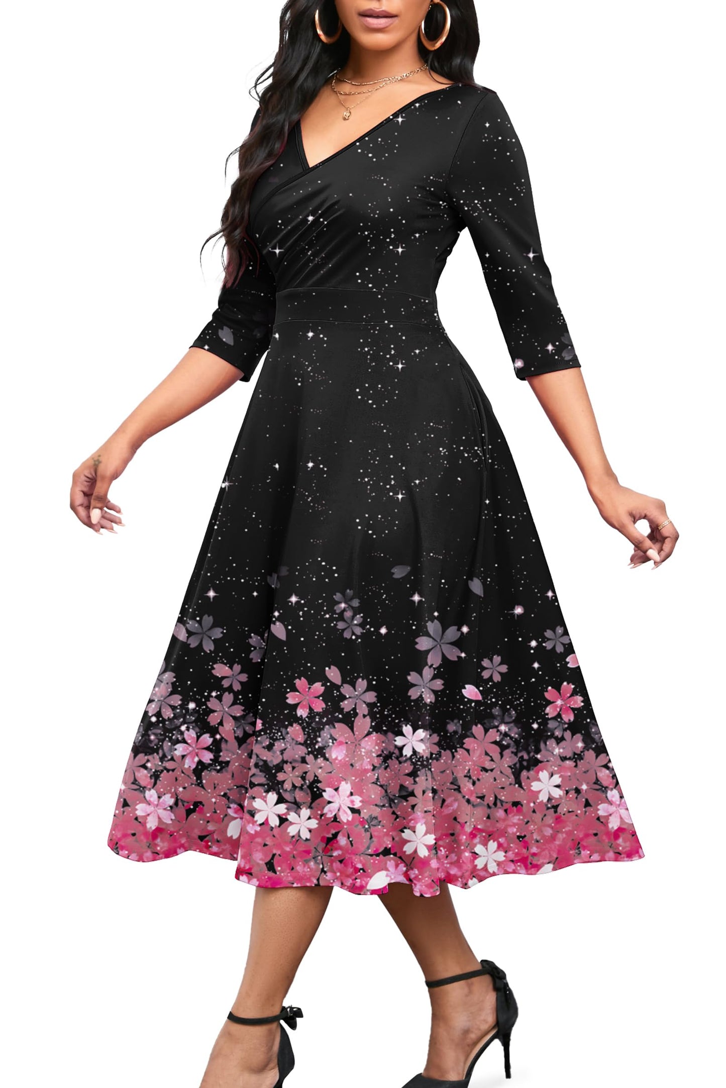 Nmoder Women's Casual Wrap Flared Midi Dress Wedding Guest Cocktail Tea Dresses A-Line Swing V-Neck 3/4 Sleeve
