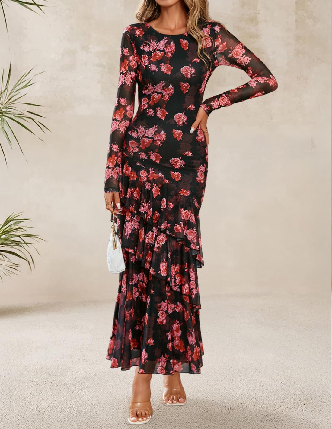 ZESICA Women's Fall Floral Bodycon Maxi Wedding Guest Dresses
