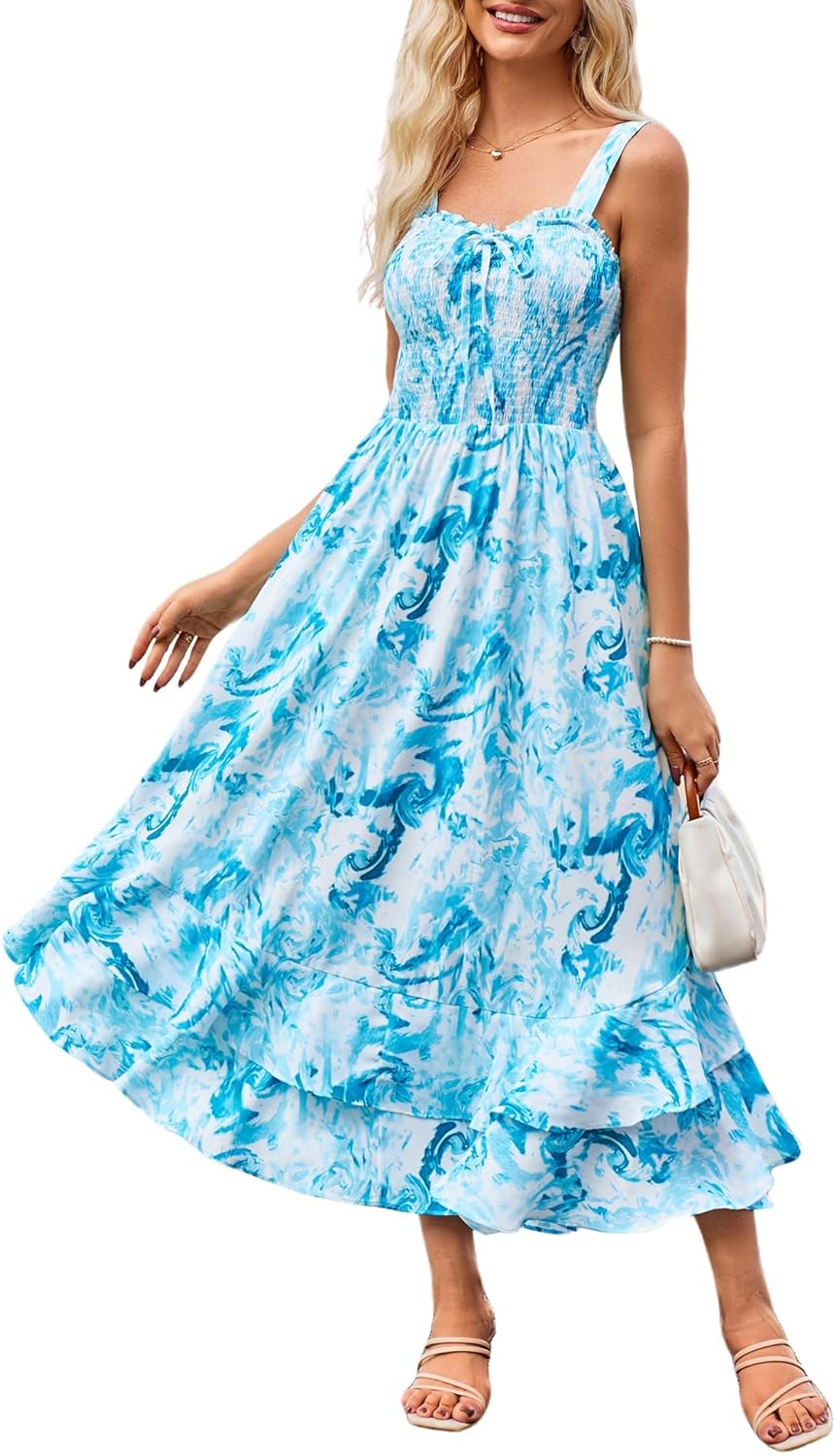 GRACE KARIN Women's 2026 Summer Floral Boho Dress Square Neck Strapped Swing A Line Sundress Beach Long Maxi Outfits