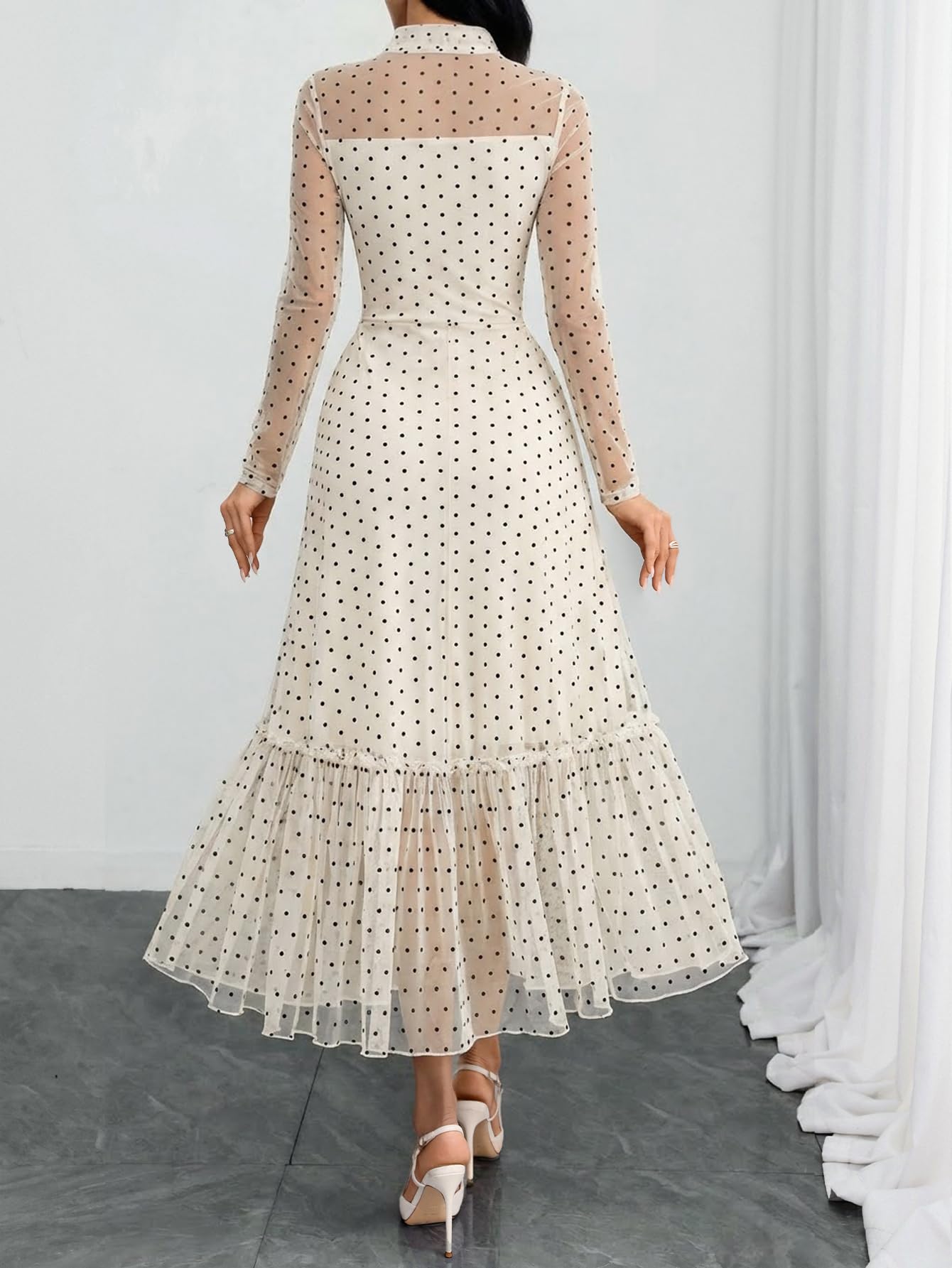 GothDark Polka Dot Dress for Women Mesh Tie Neck Bow Sheer Sleeve Flowy Ruffle Hem Going Out Wedding Guest Casual Dress