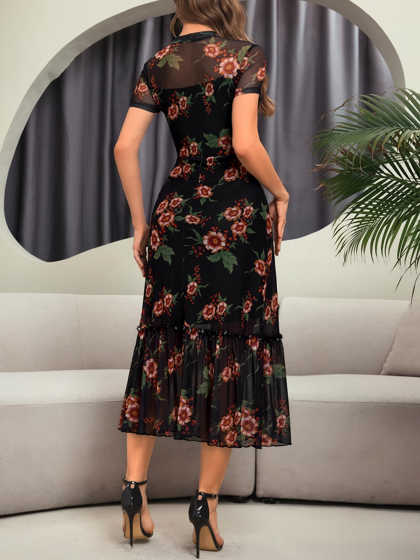 GothDark Women's Summer Floral Mesh Ruffle Dress Short Sleeve Round Neck Waist Cinched Casual Maxi Wedding Guest Dresses