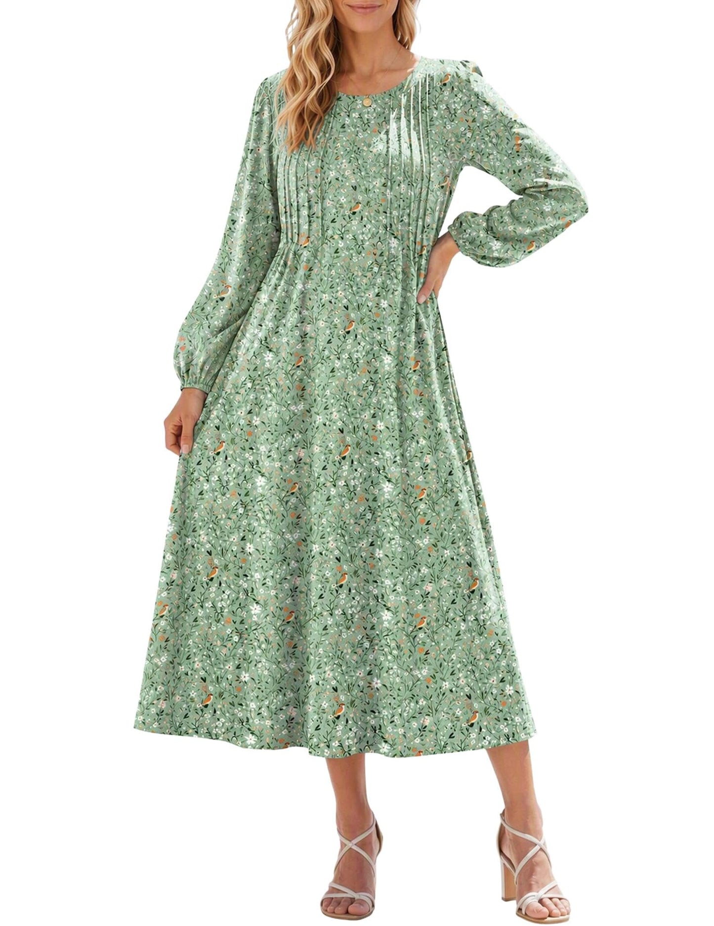 Zeagoo Fall Dresses for Women Long Sleeve Midi Dress Casual A Line Dresses 2026 Pleated Flare Dress with Pockets