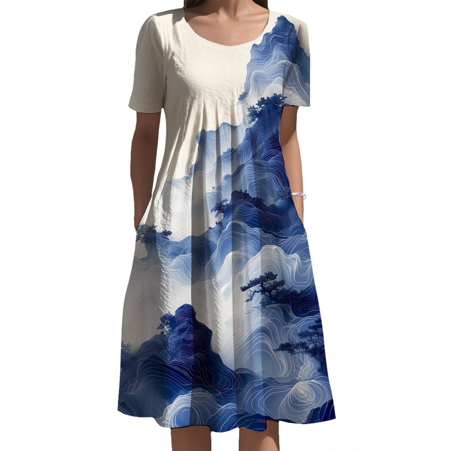 Oriental Ink Floral Midi Dress Gradient Tone for Women Elegant Daily Vacation Outfit with Side Pockets and Style